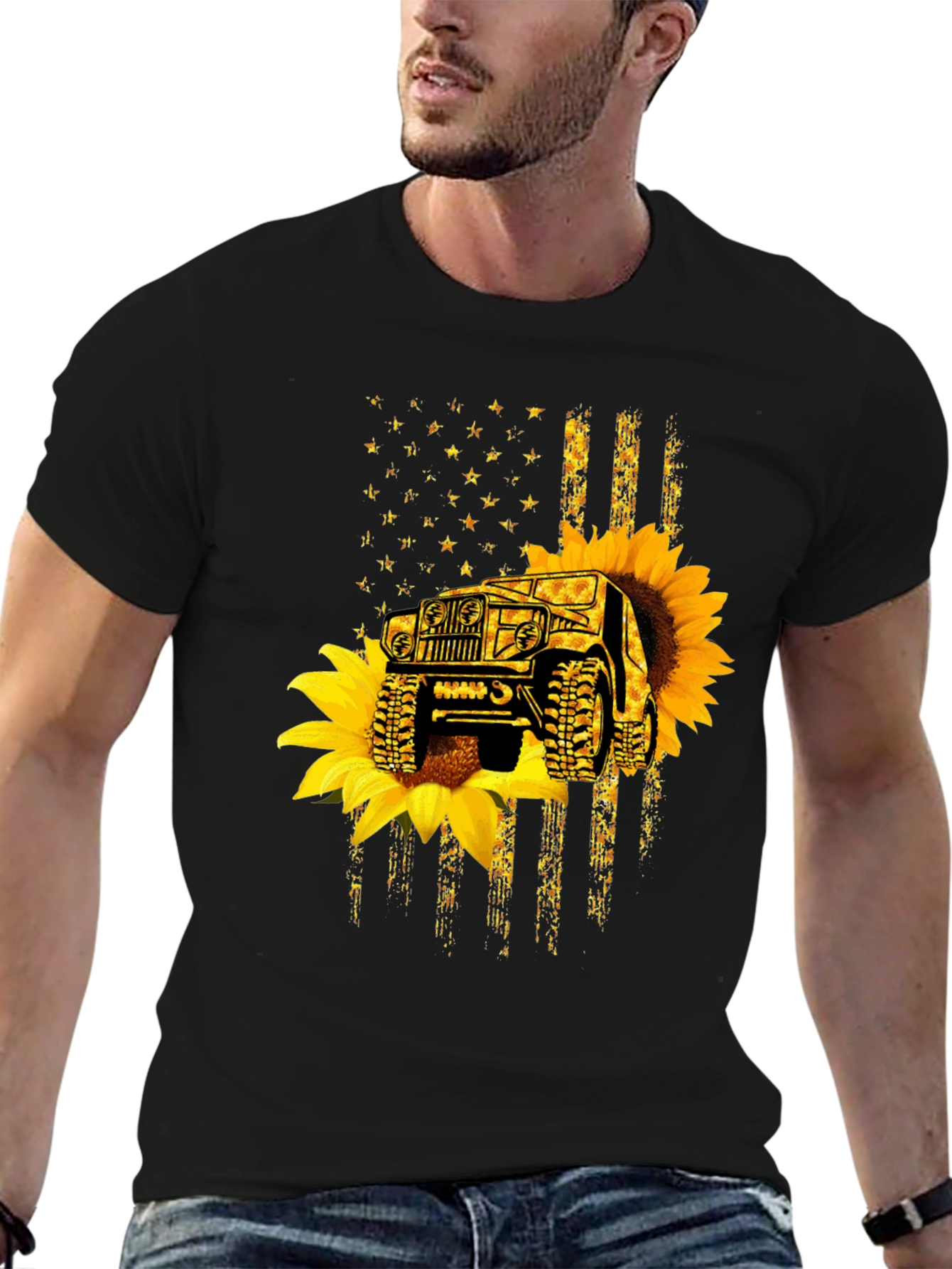 Sunflower Jeep American Flag Black T-Shirt