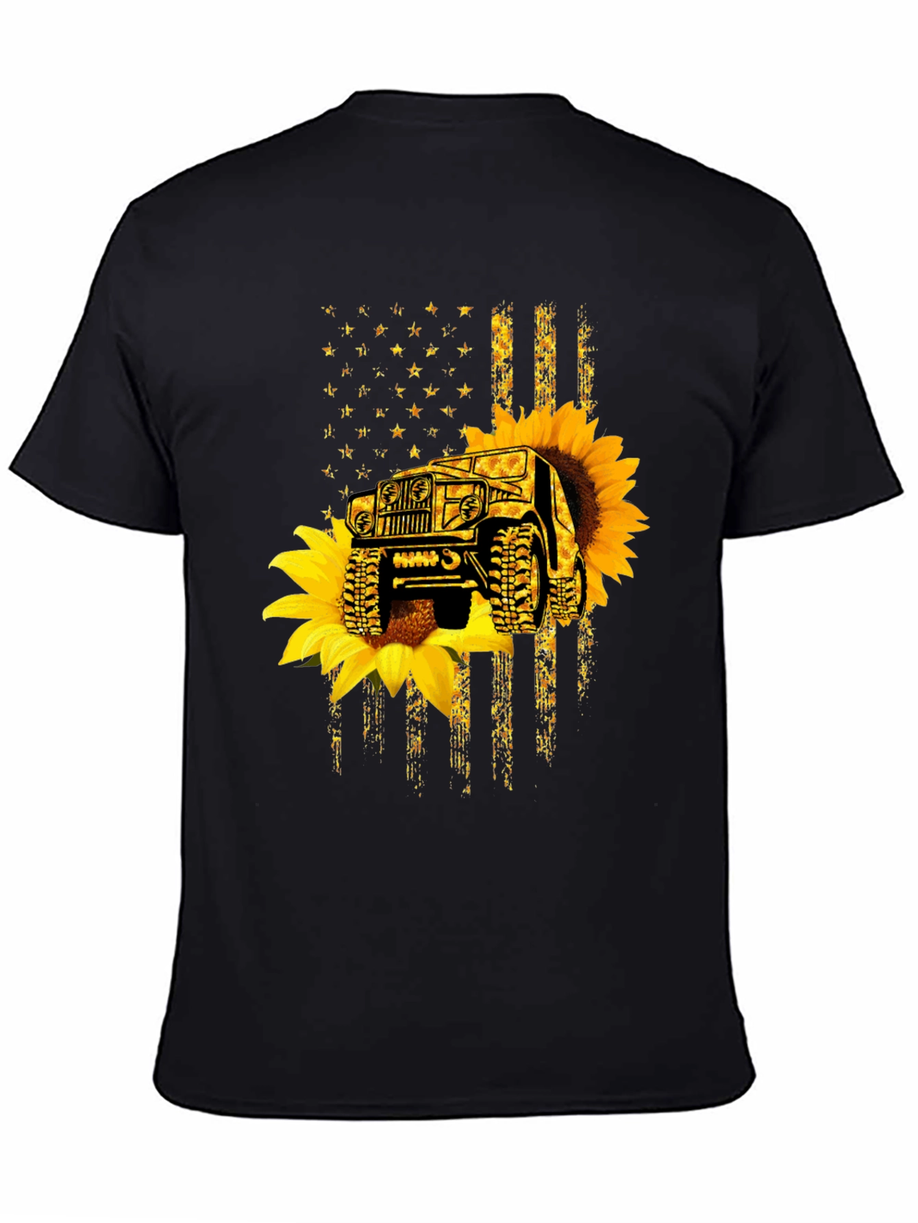 Sunflower Jeep American Flag Black T-Shirt