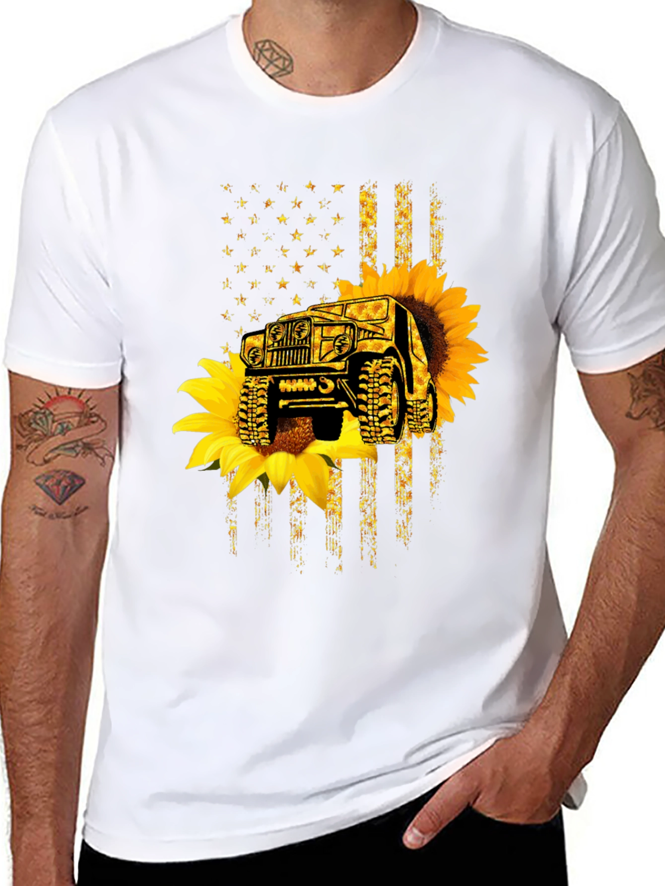 Sunflower Jeep American Flag Black T-Shirt