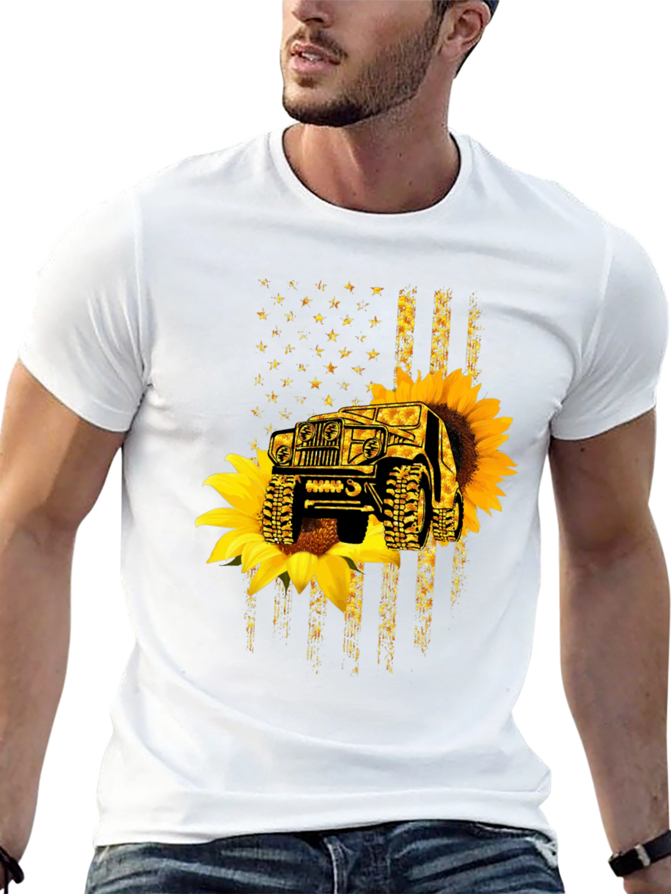 Sunflower Jeep American Flag Black T-Shirt
