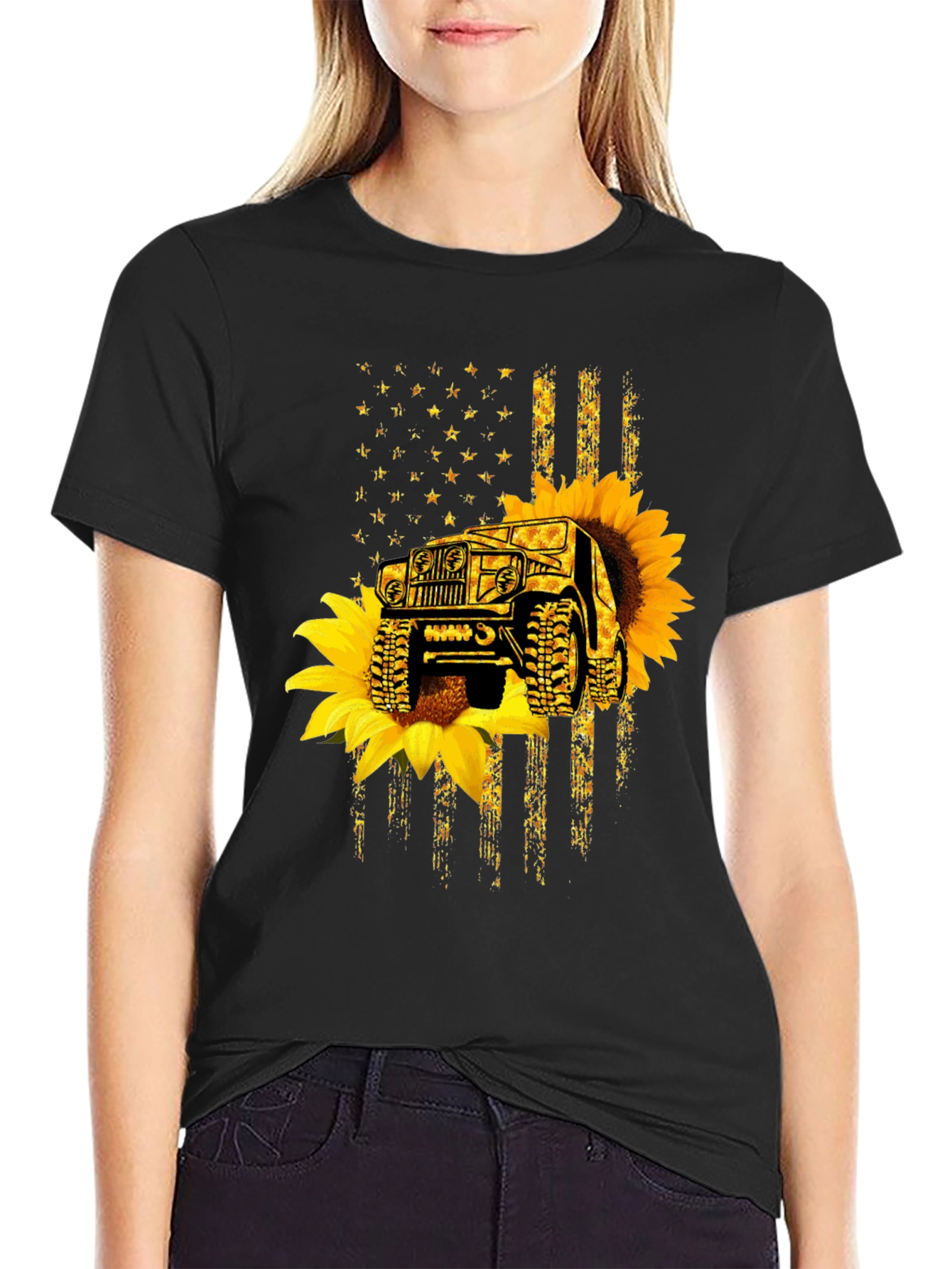 Sunflower Jeep American Flag Black T-Shirt