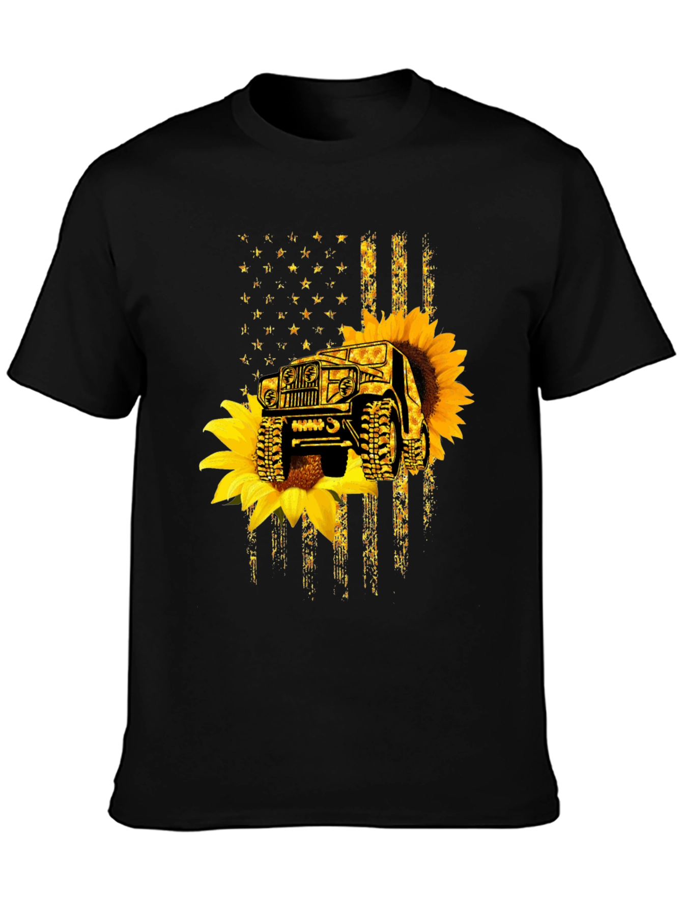 Sunflower Jeep American Flag Black T-Shirt