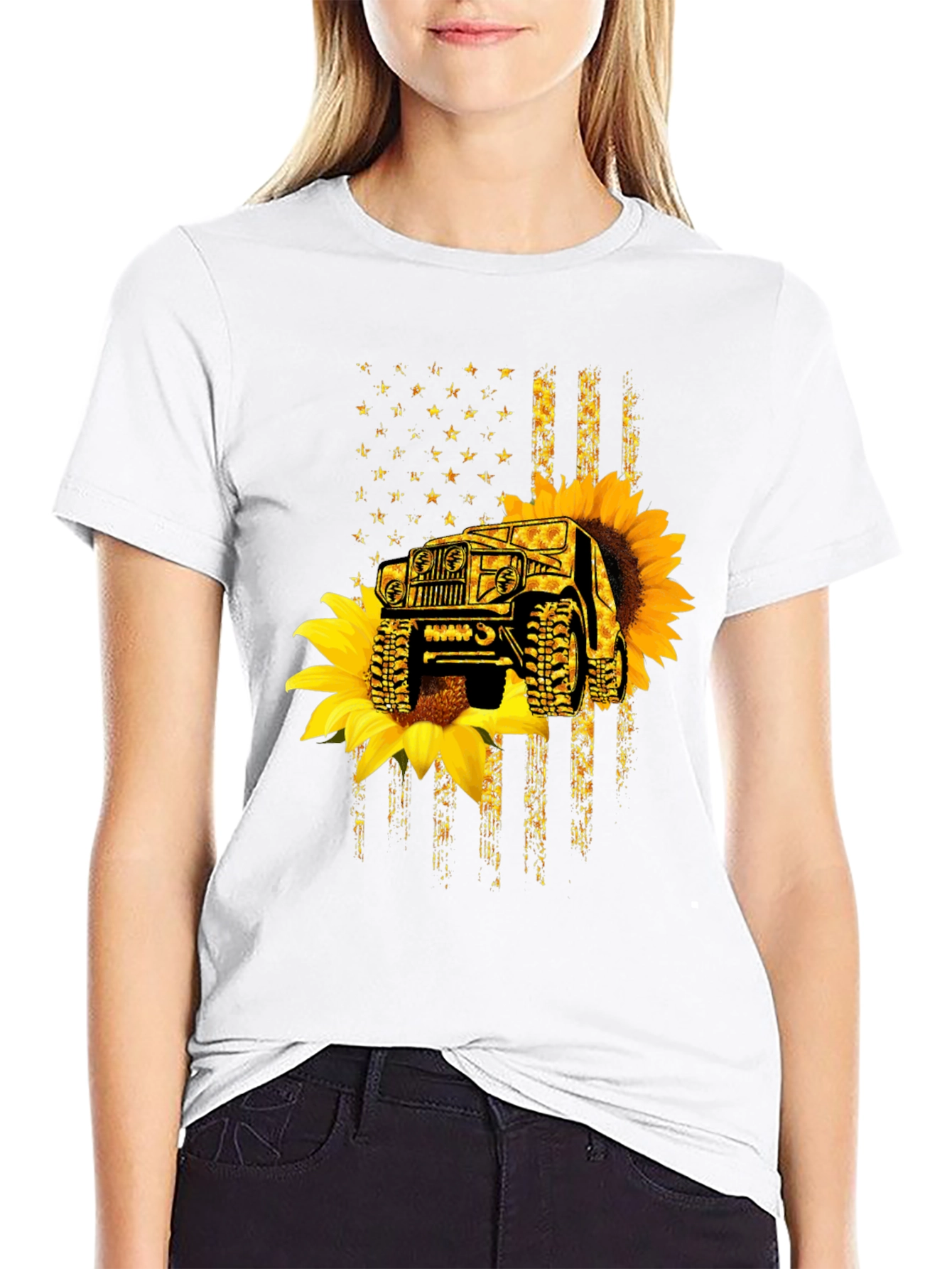 Sunflower Jeep American Flag Black T-Shirt