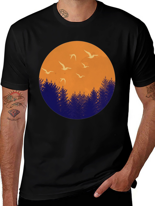 Sunset Forest Bird Graphic Tee - Unique Design T-Shirt