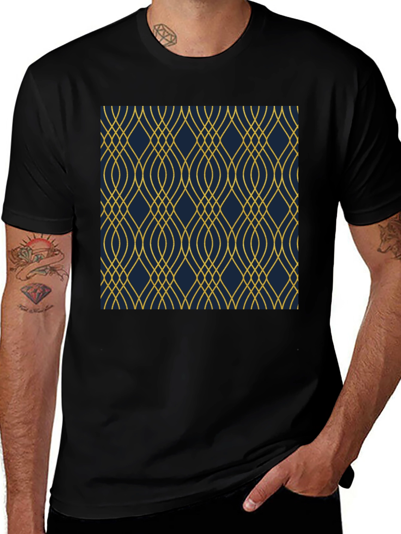 Stylish Black T-Shirt with Geometric Gold Pattern