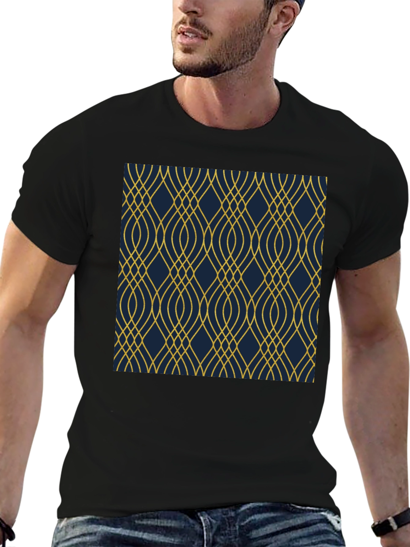Stylish Black T-Shirt with Geometric Gold Pattern