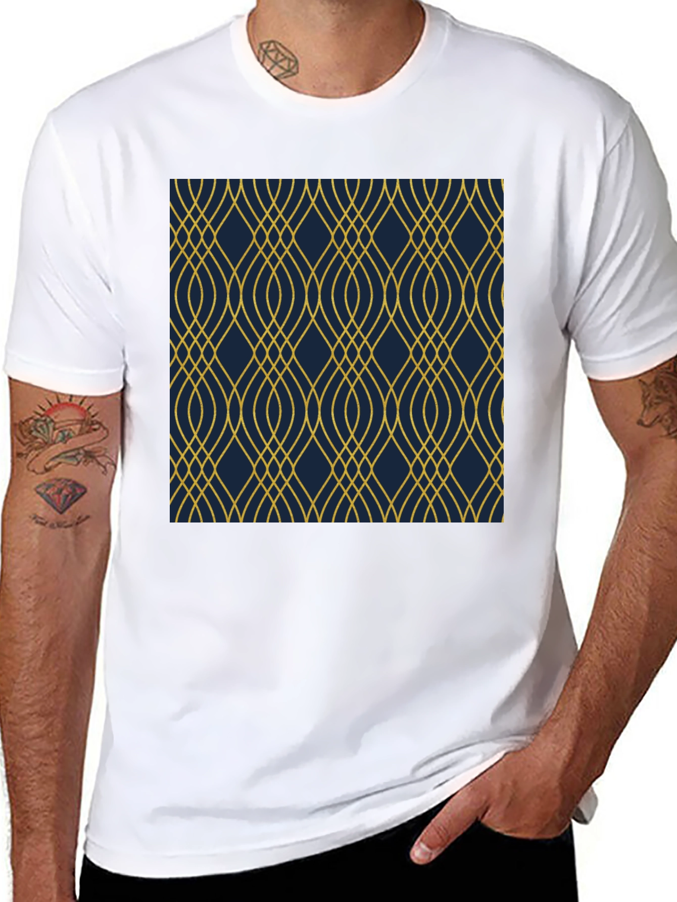 Stylish Black T-Shirt with Geometric Gold Pattern