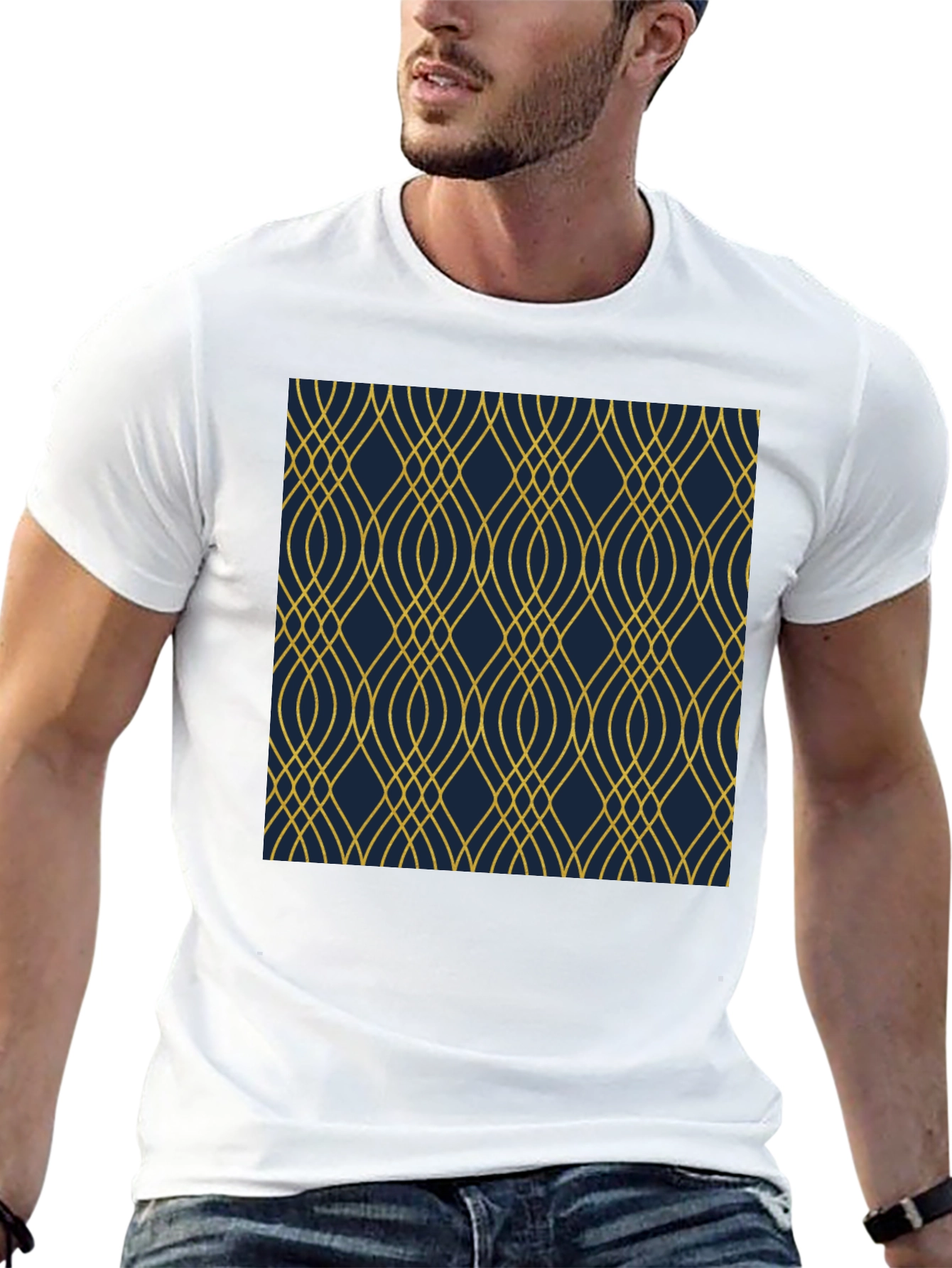 Stylish Black T-Shirt with Geometric Gold Pattern