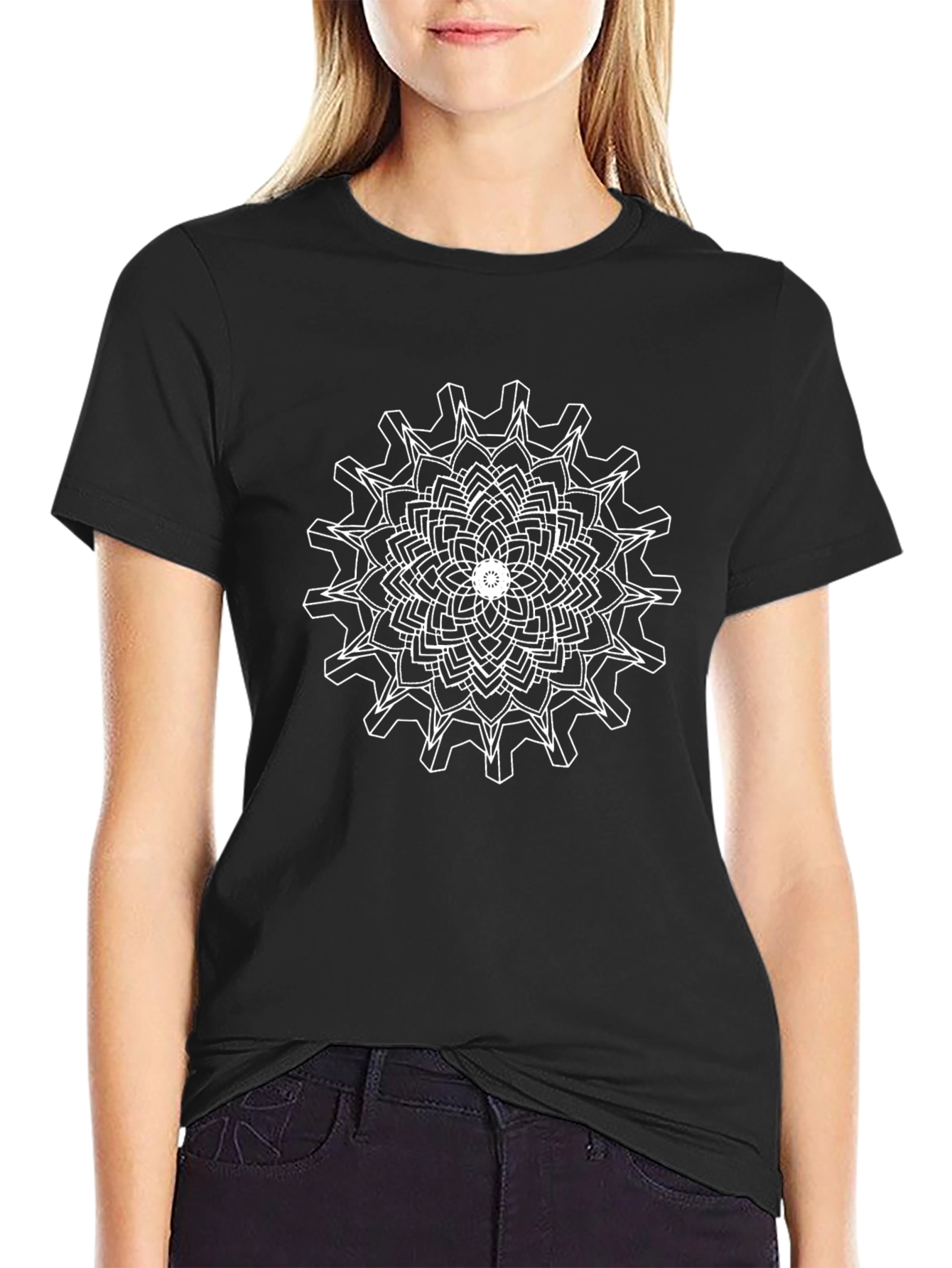 Abstract Geometric Gear Graphic Tee - Black