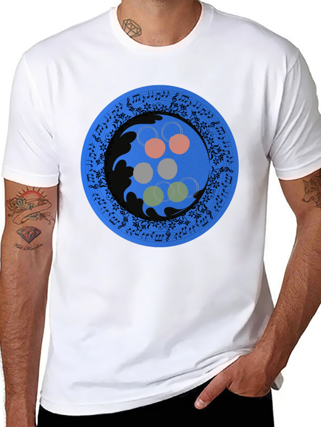 Abstract Musical Note Circle Design Black T-Shirt