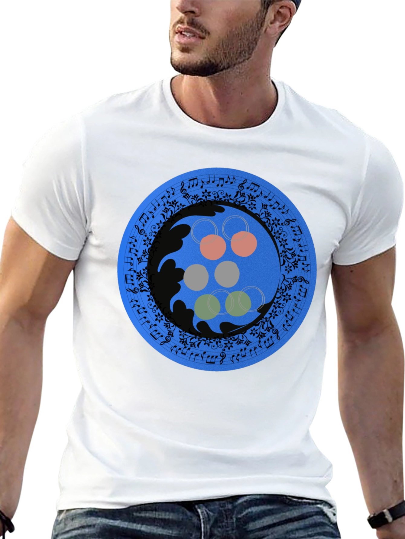 Abstract Musical Note Circle Design Black T-Shirt