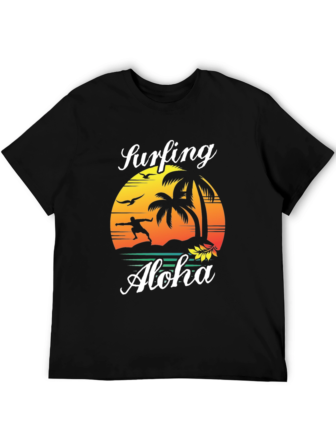Surfing Aloha Mens Black Graphic Tee Shirt