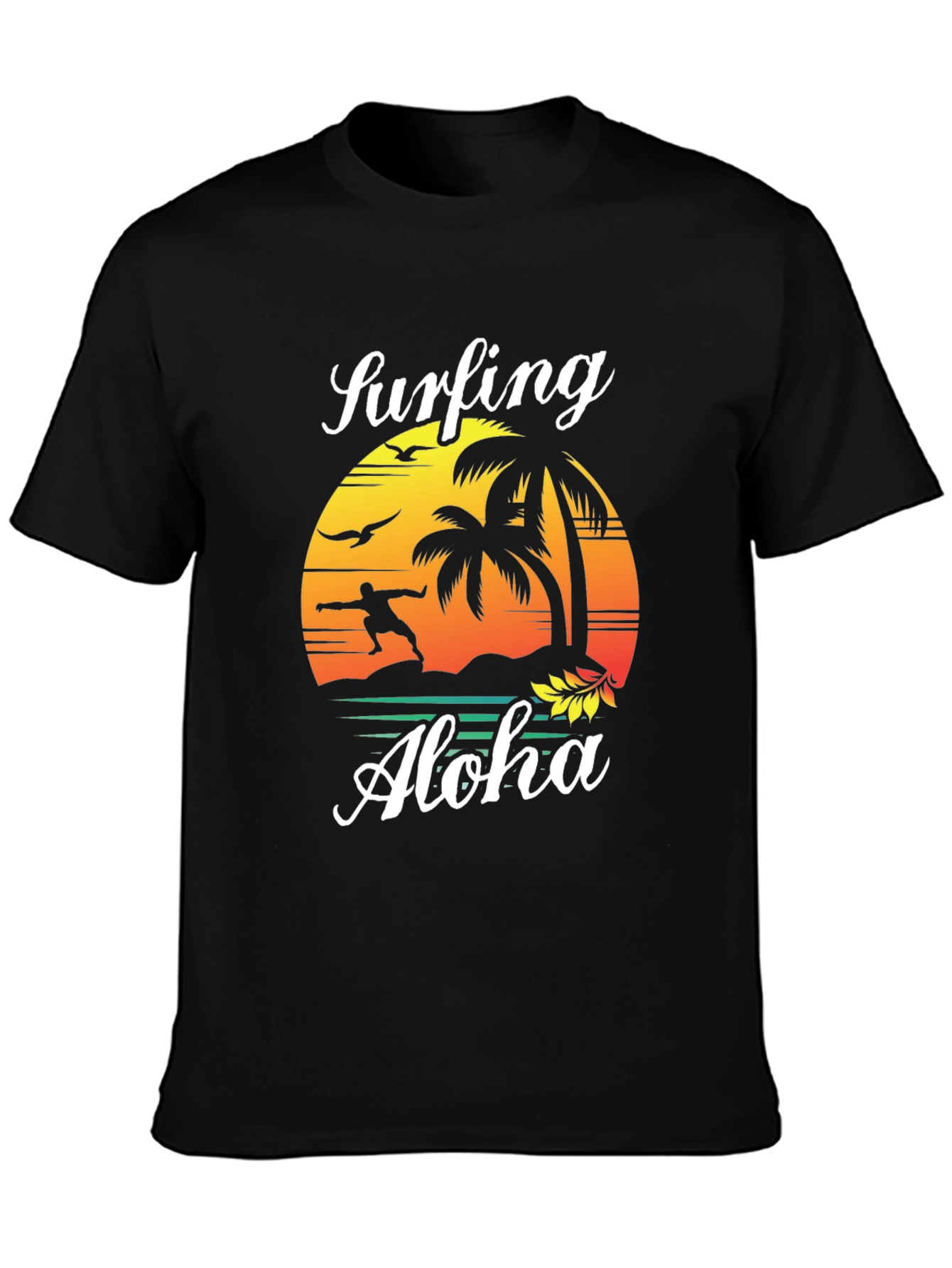 Surfing Aloha Mens Black Graphic Tee Shirt