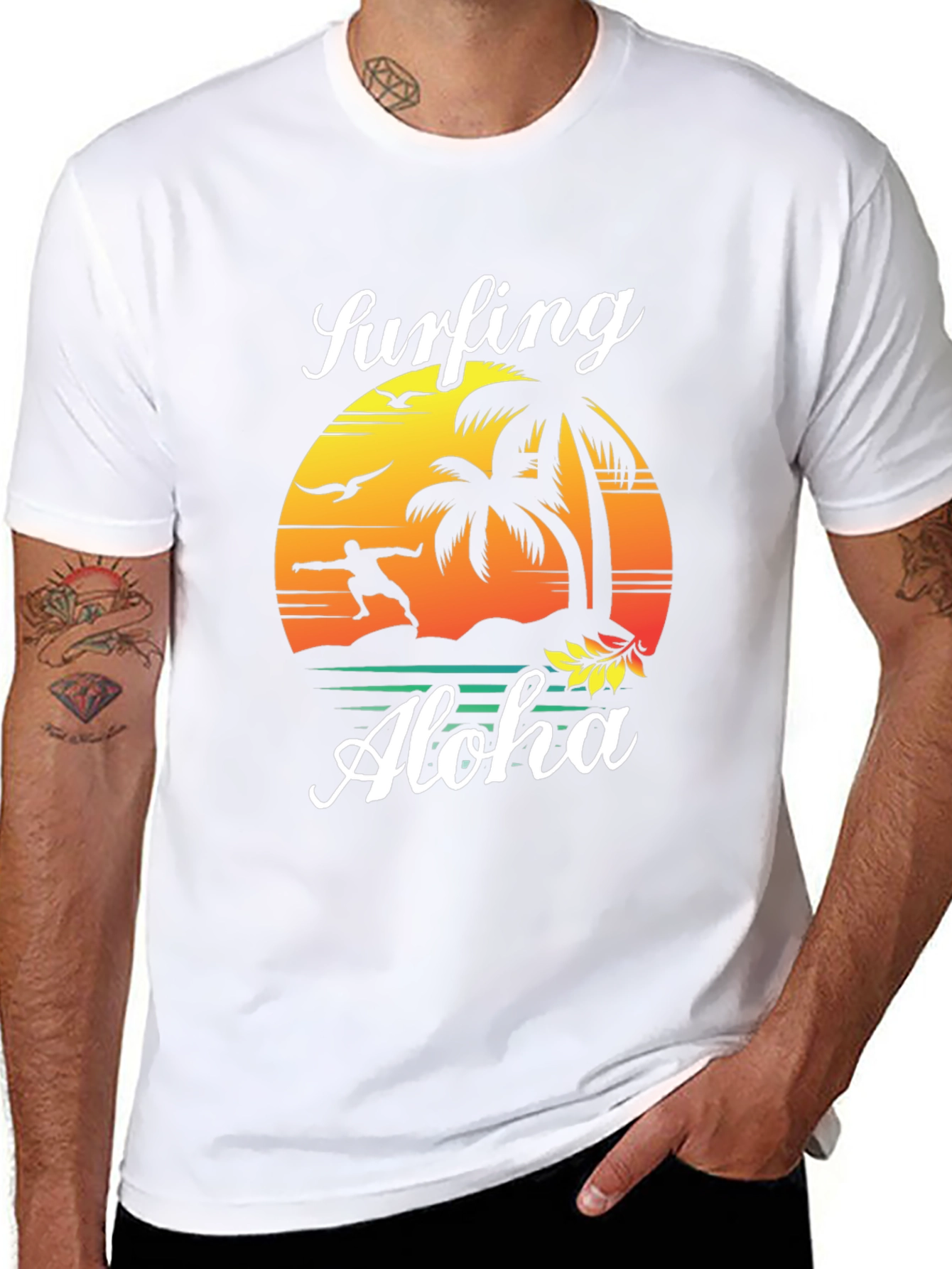 Surfing Aloha Mens Black Graphic Tee Shirt