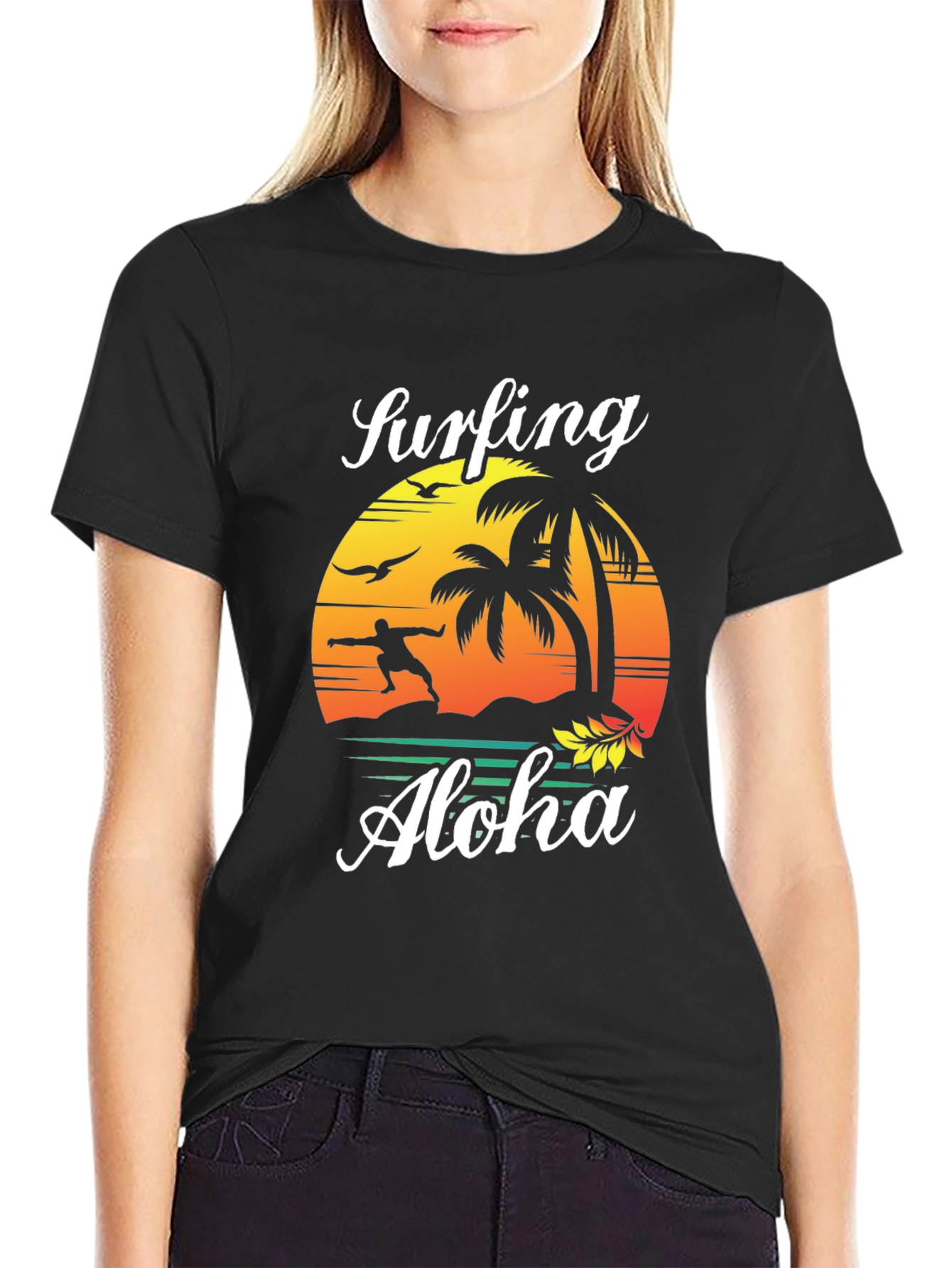 Surfing Aloha Mens Black Graphic Tee Shirt
