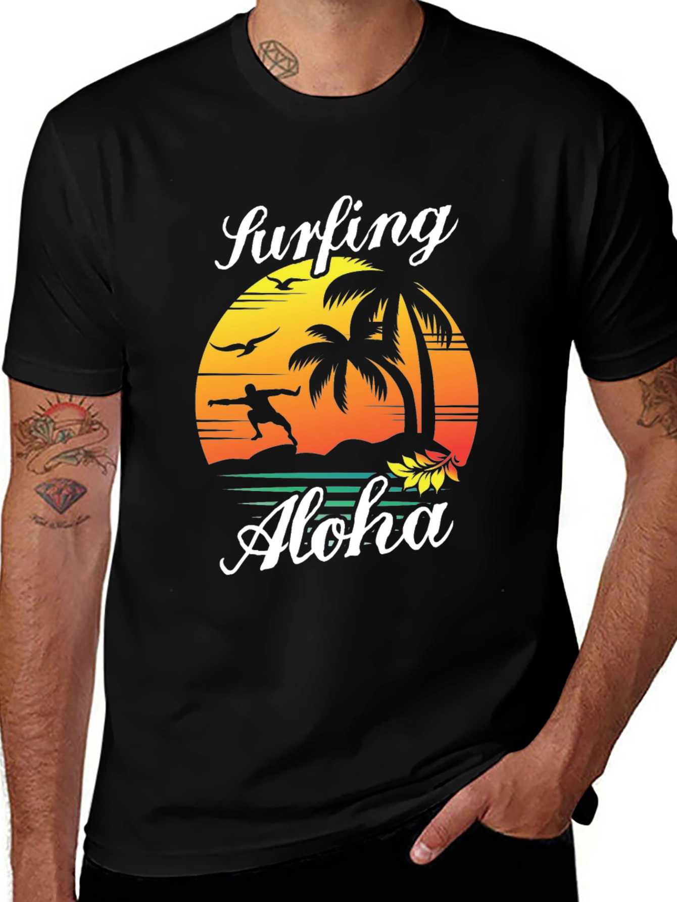 Surfing Aloha Mens Black Graphic Tee Shirt