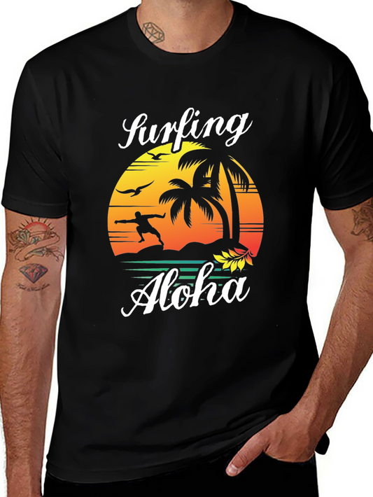 Surfing Aloha Mens Black Graphic Tee Shirt