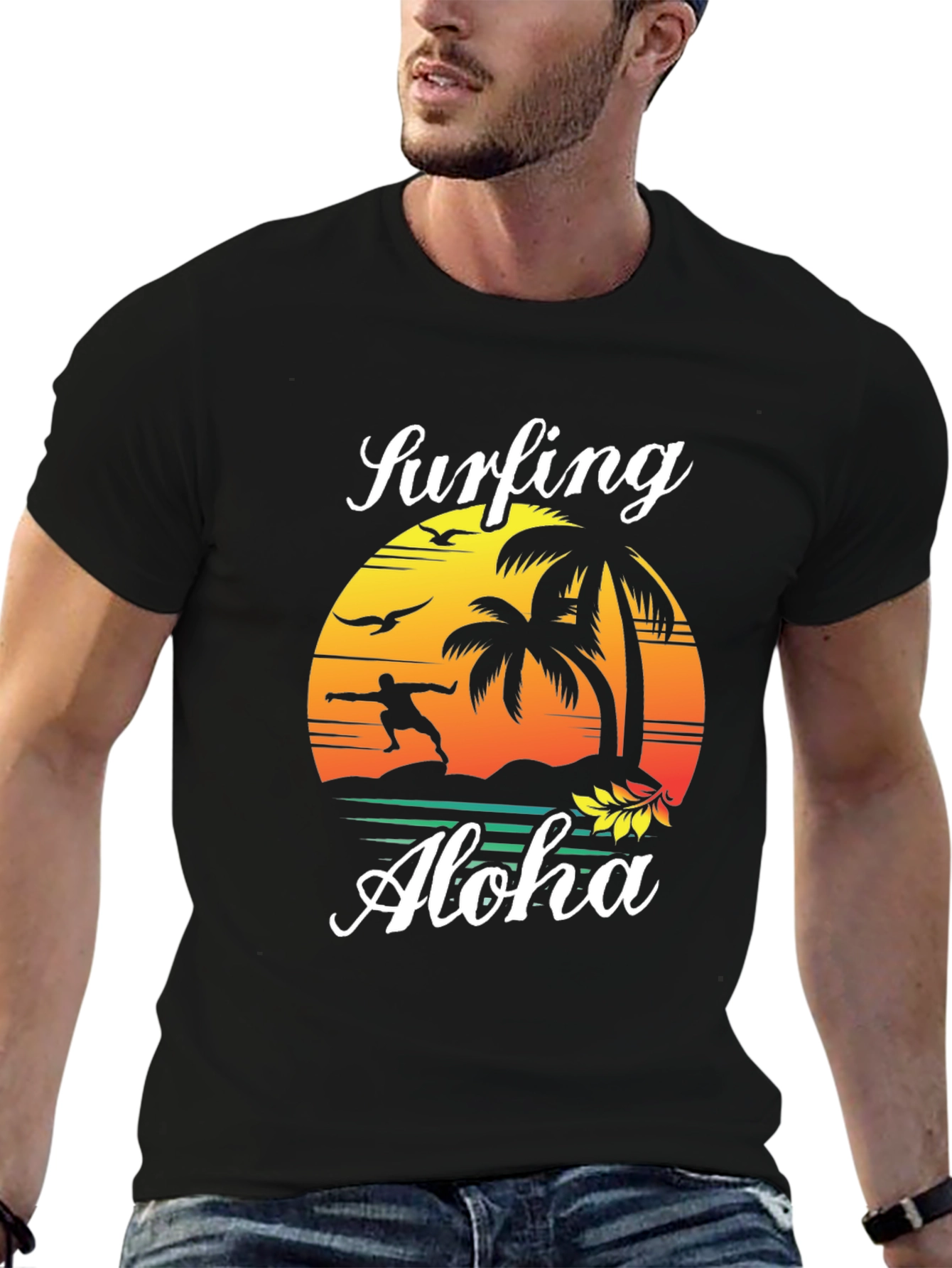 Surfing Aloha Mens Black Graphic Tee Shirt