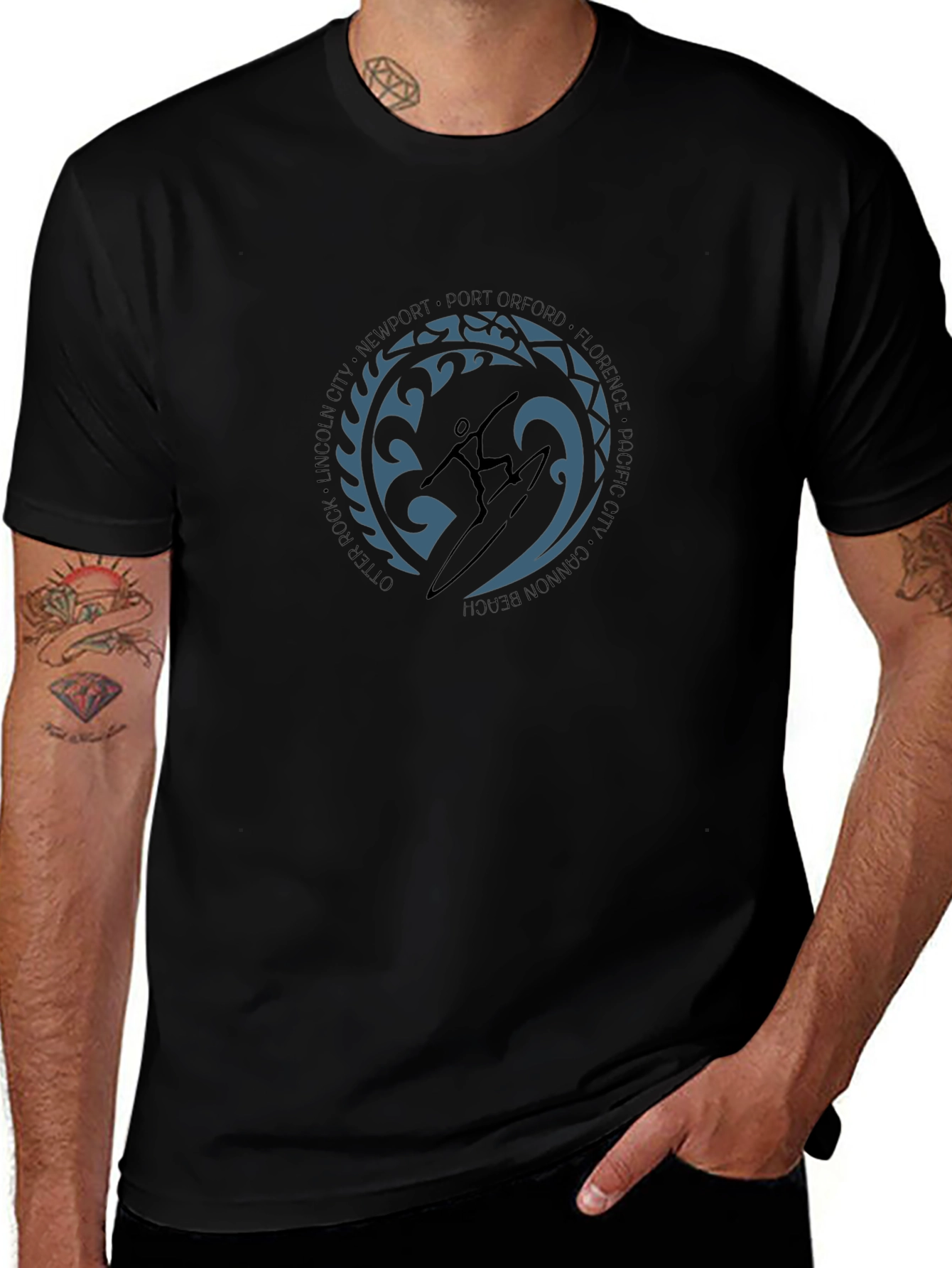 Surfer Graphic Black T-Shirt - Coastal City Design