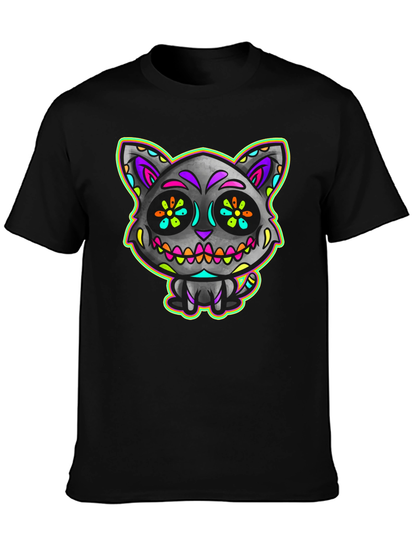 Sugar Skull Cat Mens Black T-Shirt
