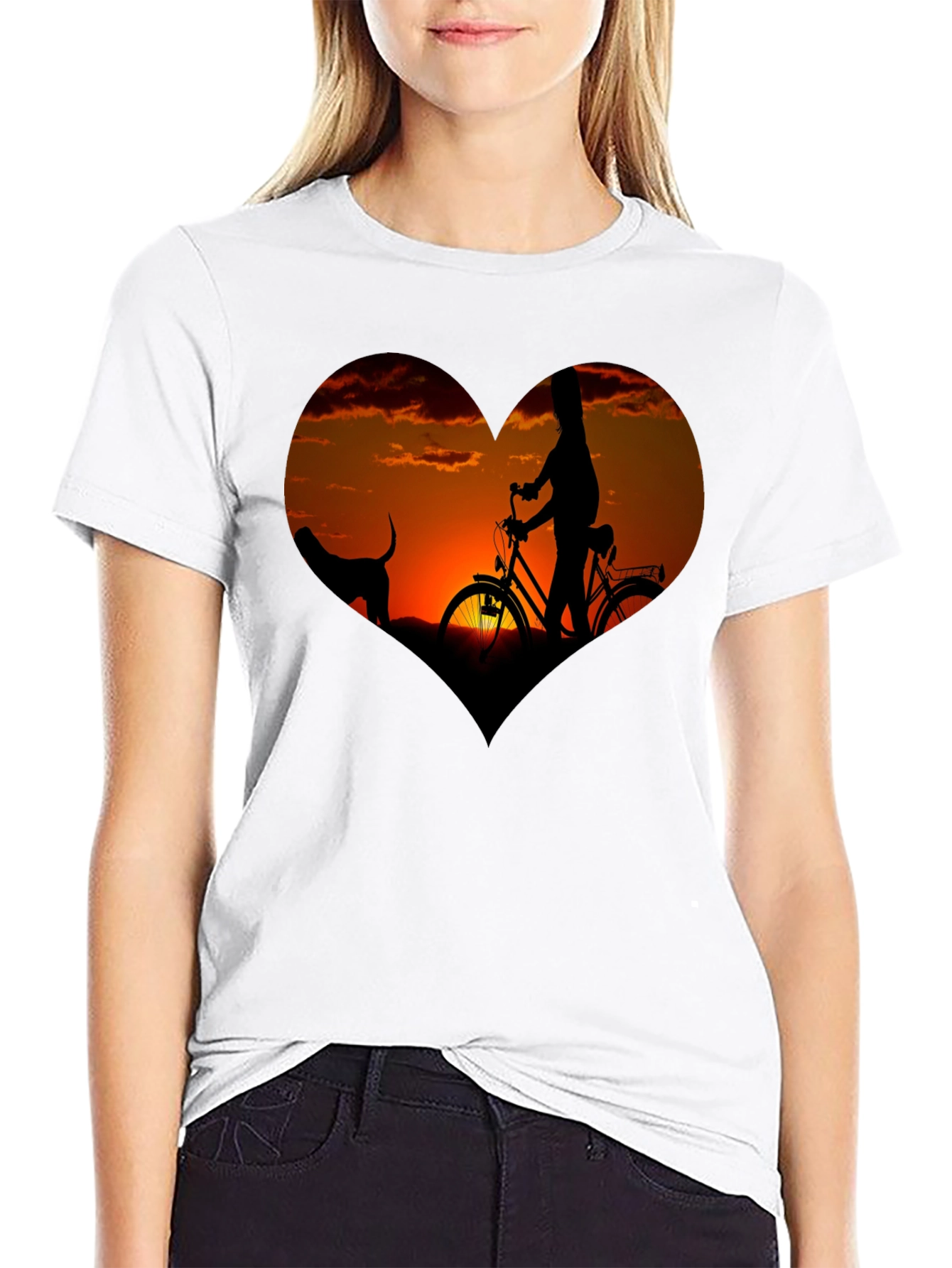 Sunset Heart Graphic T-Shirt - Biking & Dog