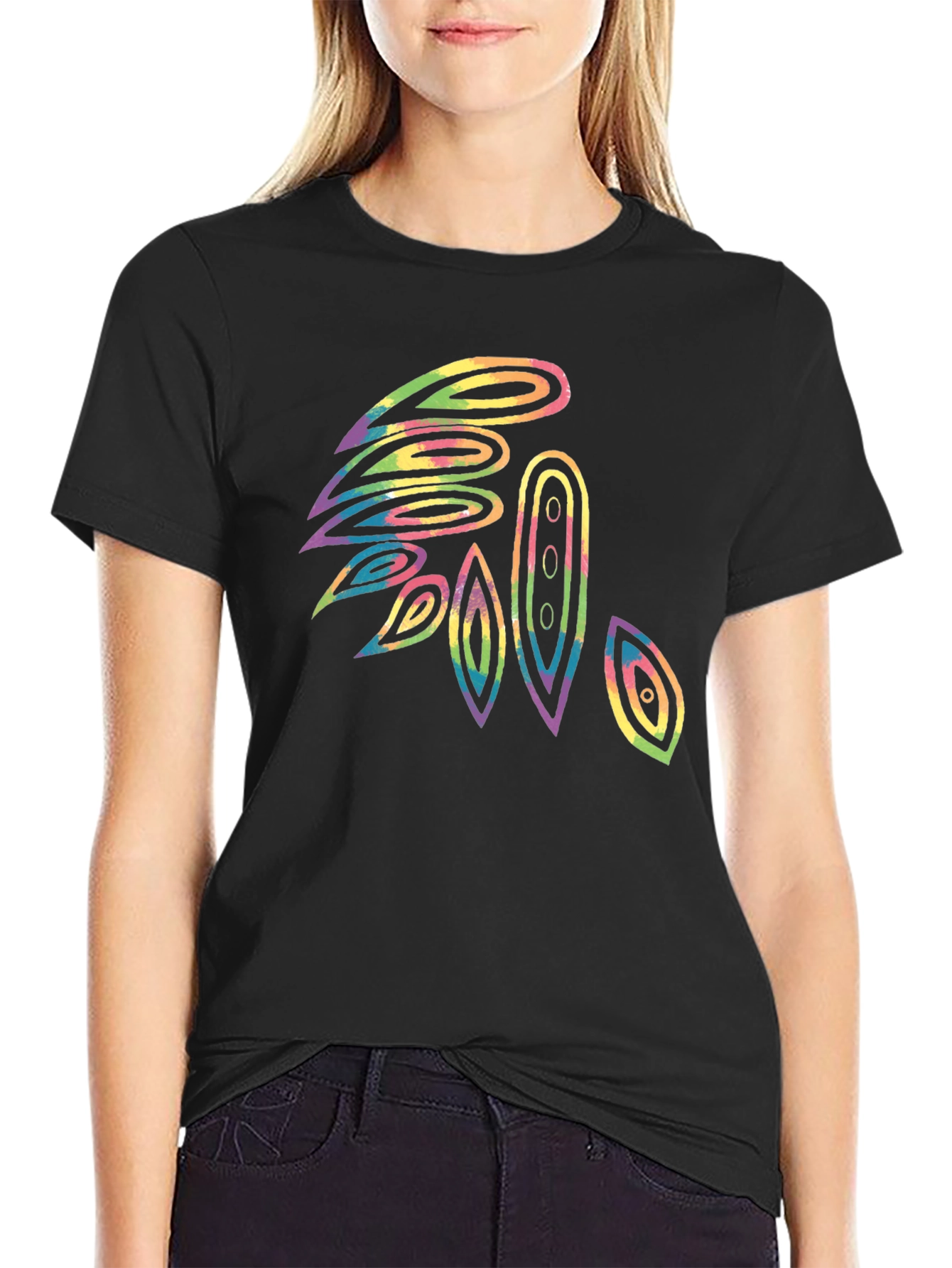 Abstract Tie-Dye Feather Graphic Black T-Shirt
