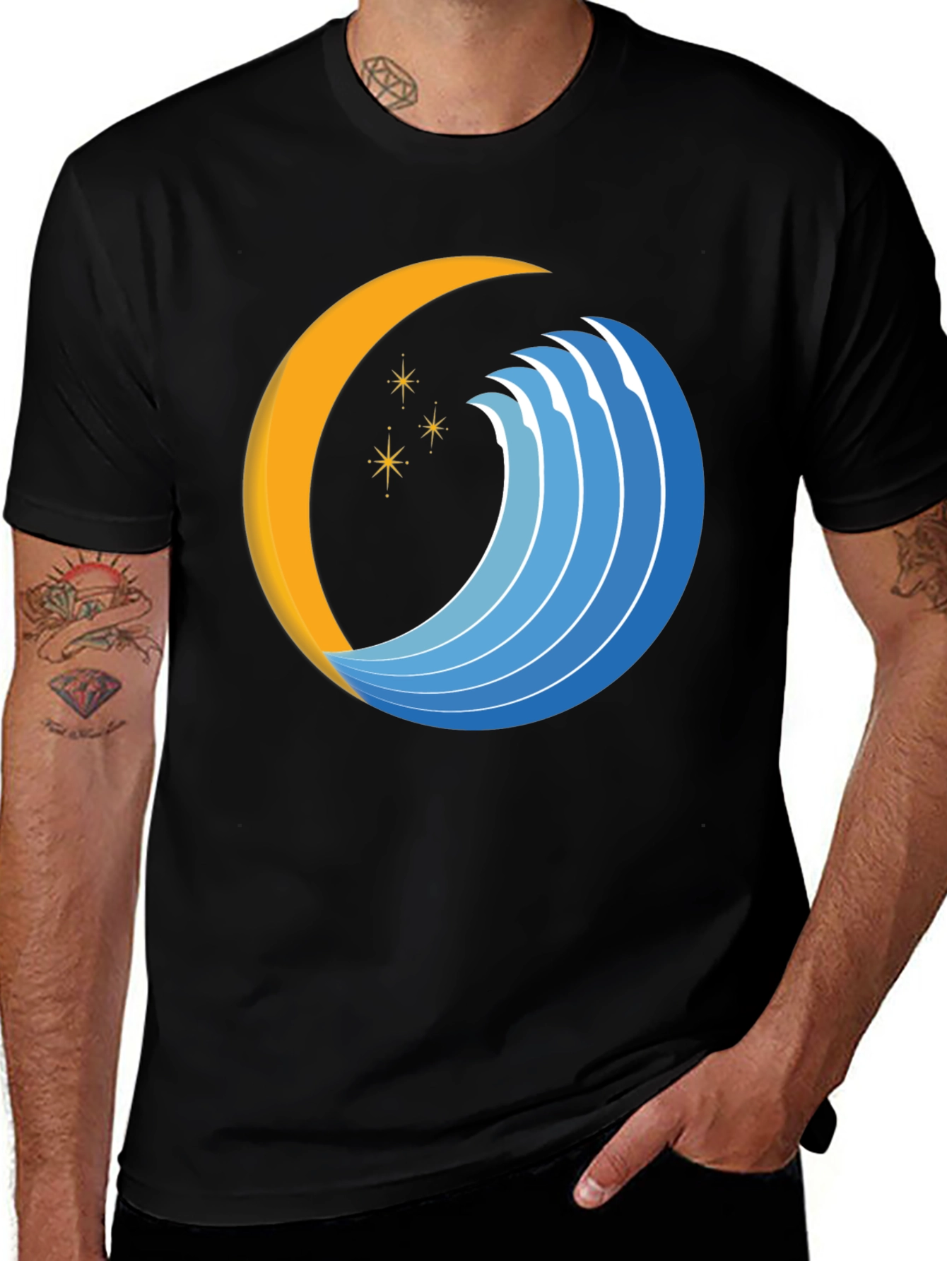 Abstract Crescent Moon Wave Graphic Black T-Shirt