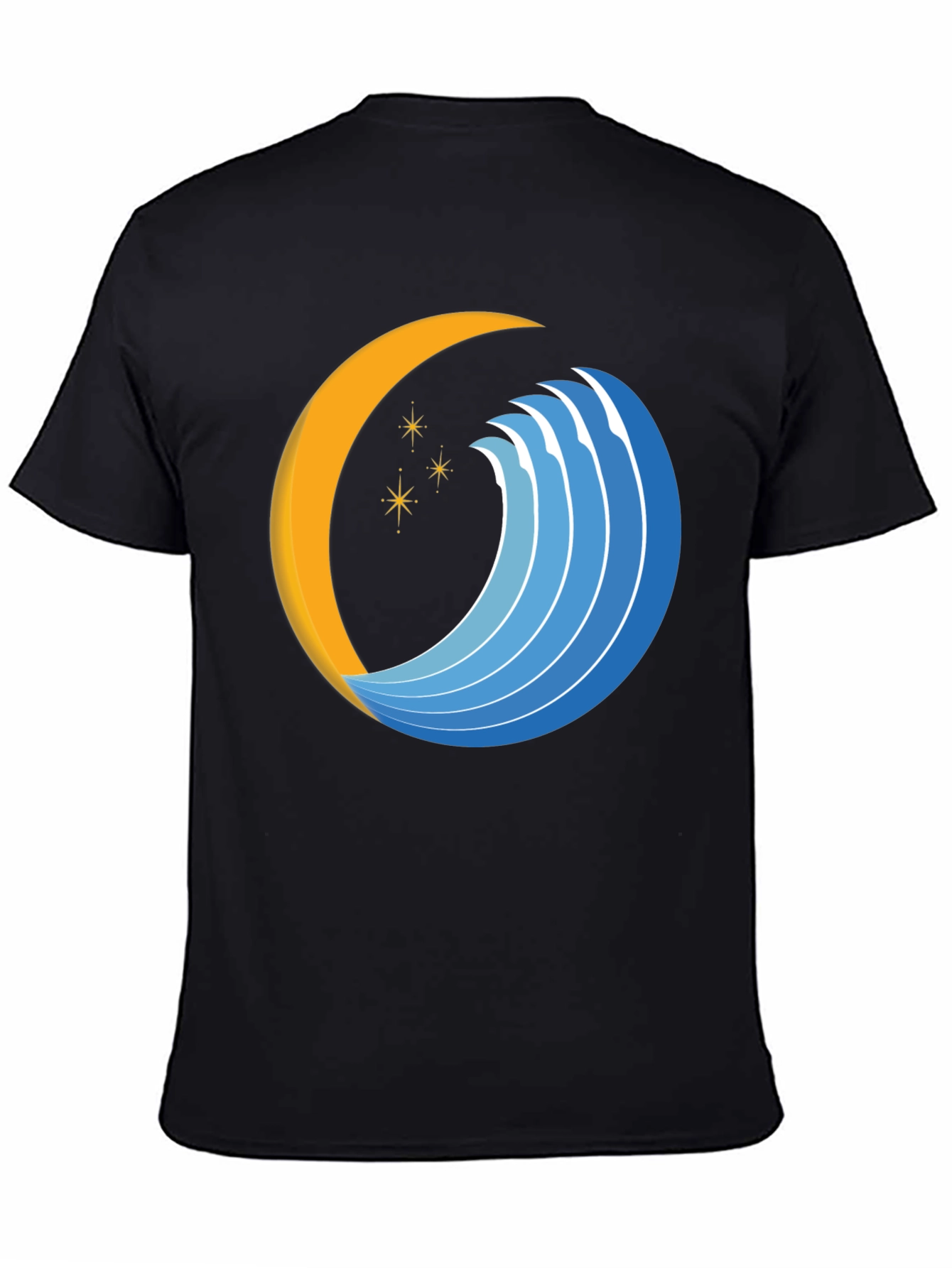Abstract Crescent Moon Wave Graphic Black T-Shirt
