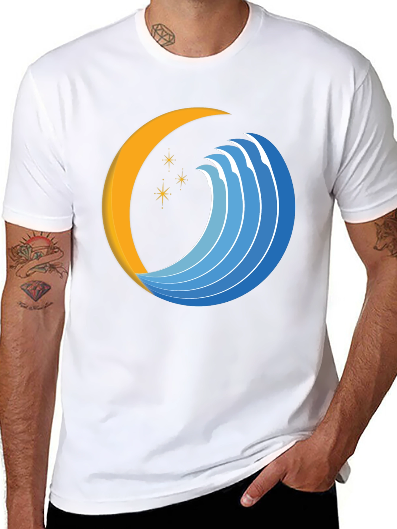 Abstract Crescent Moon Wave Graphic Black T-Shirt