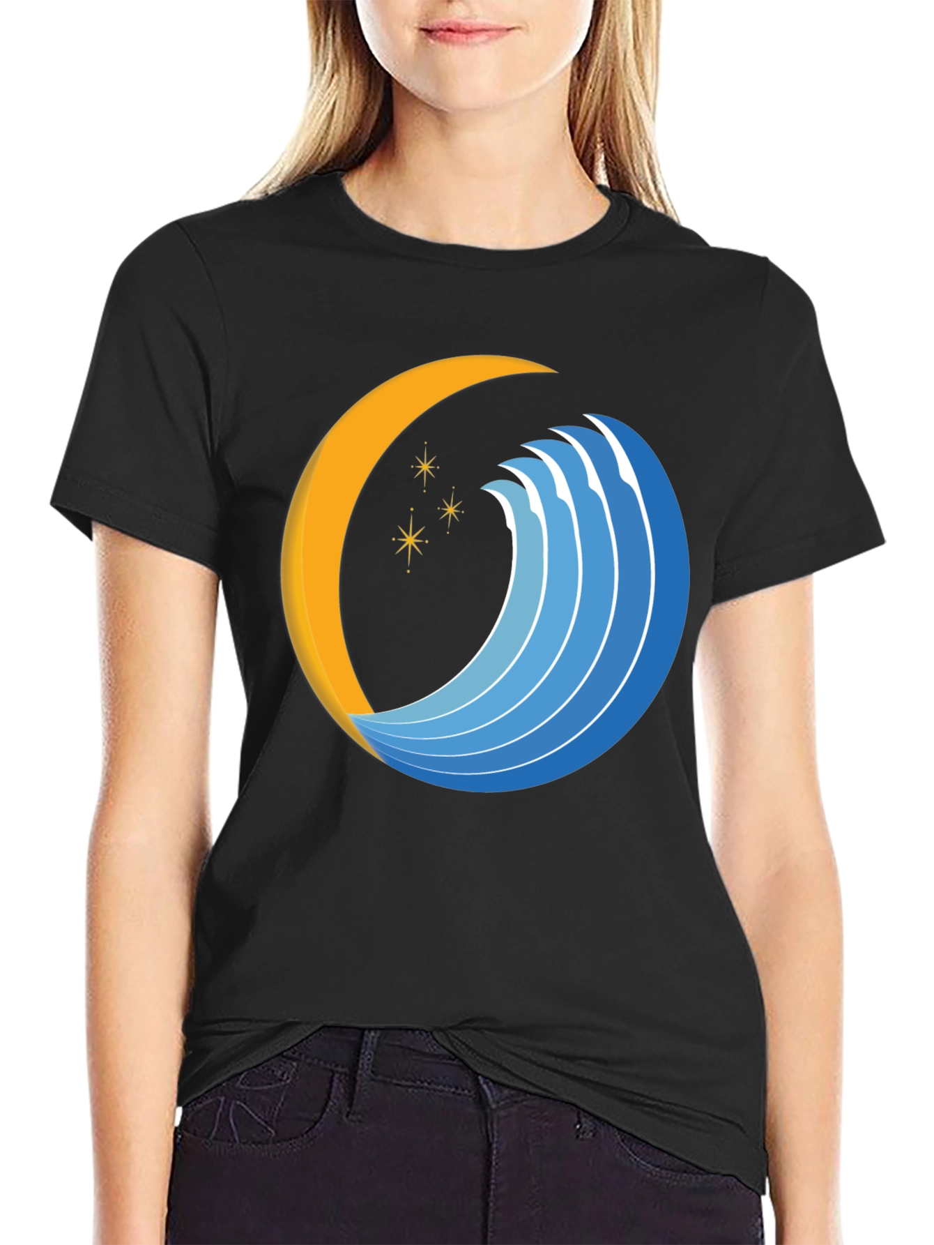 Abstract Crescent Moon Wave Graphic Black T-Shirt