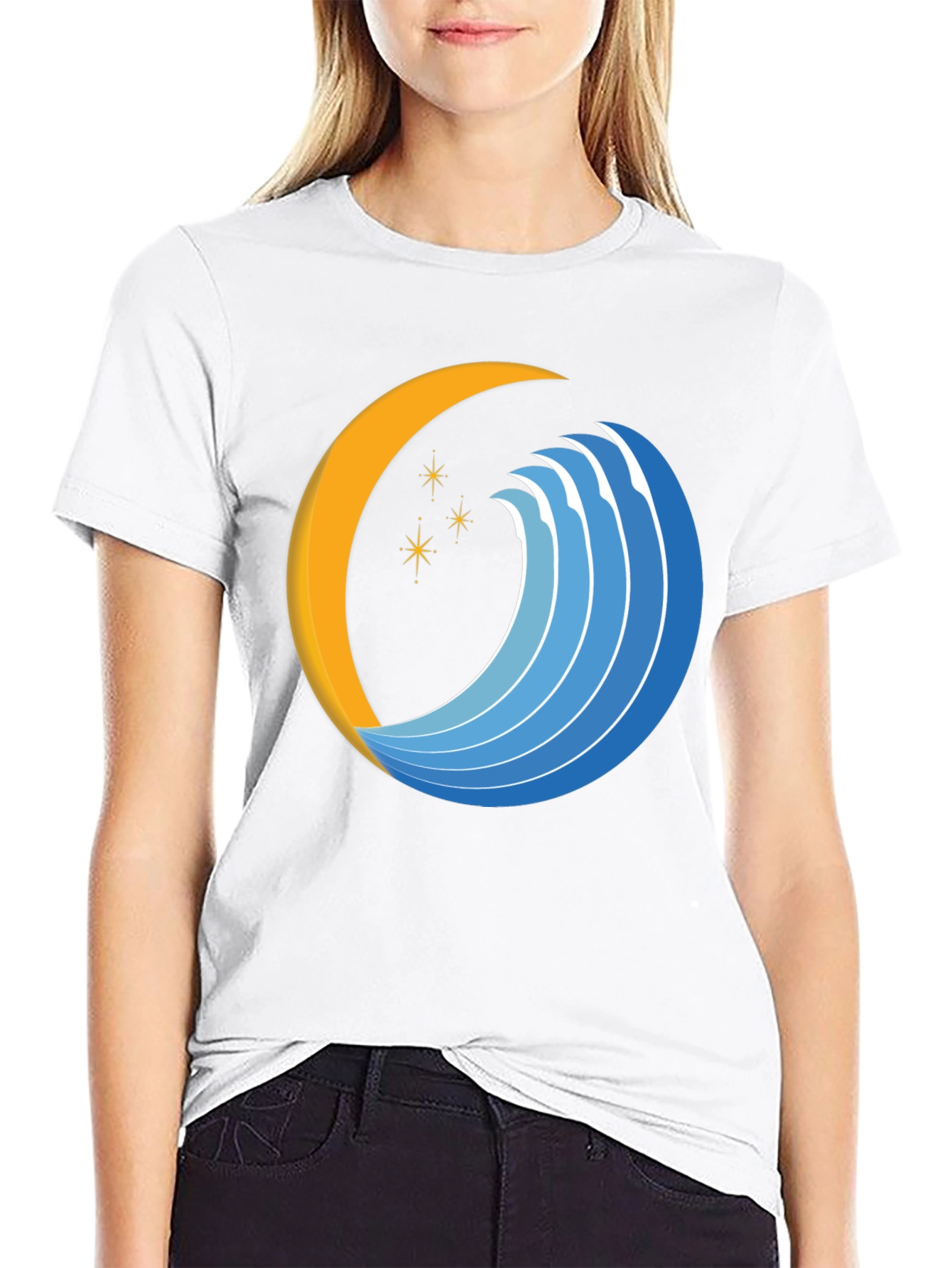 Abstract Crescent Moon Wave Graphic Black T-Shirt
