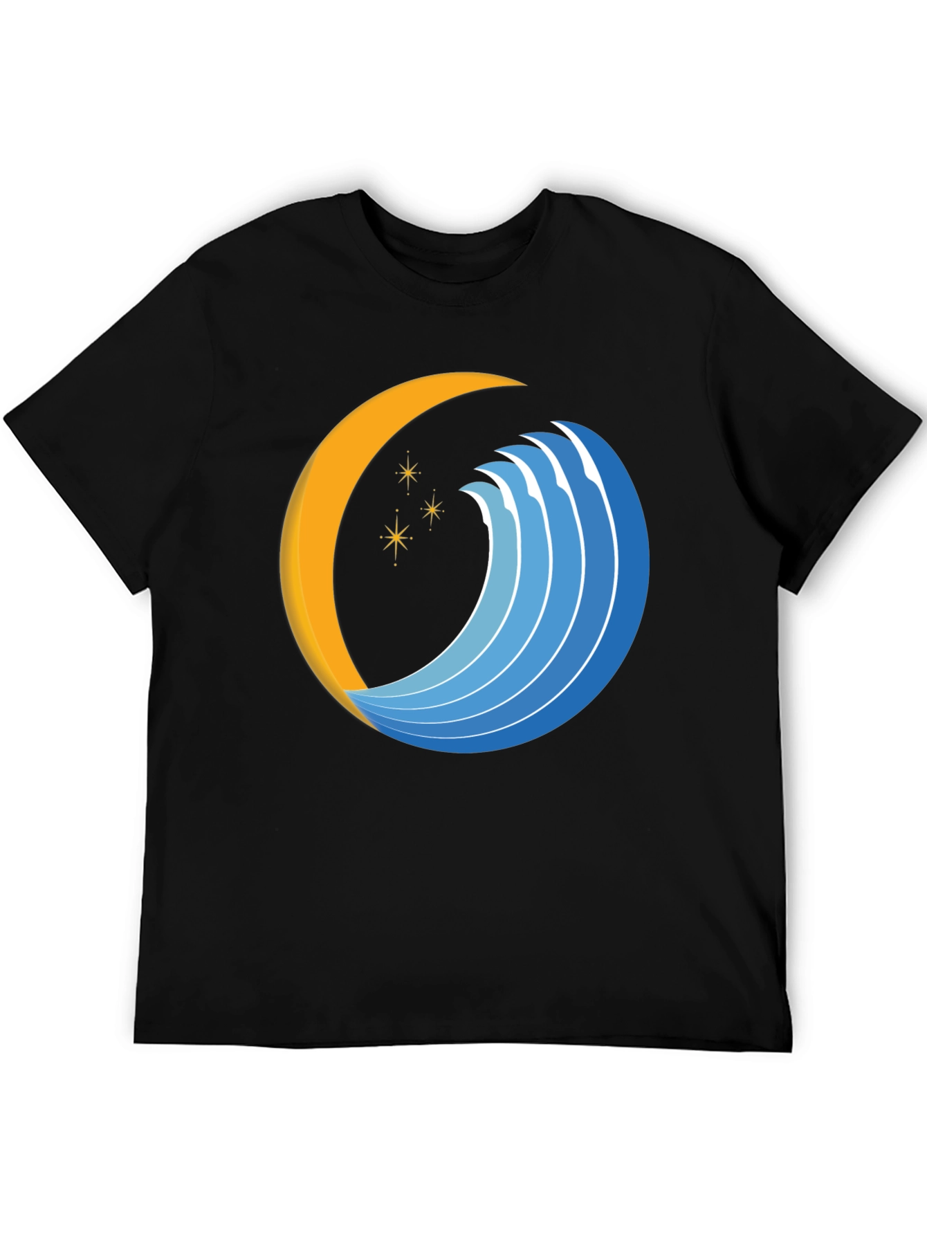 Abstract Crescent Moon Wave Graphic Black T-Shirt