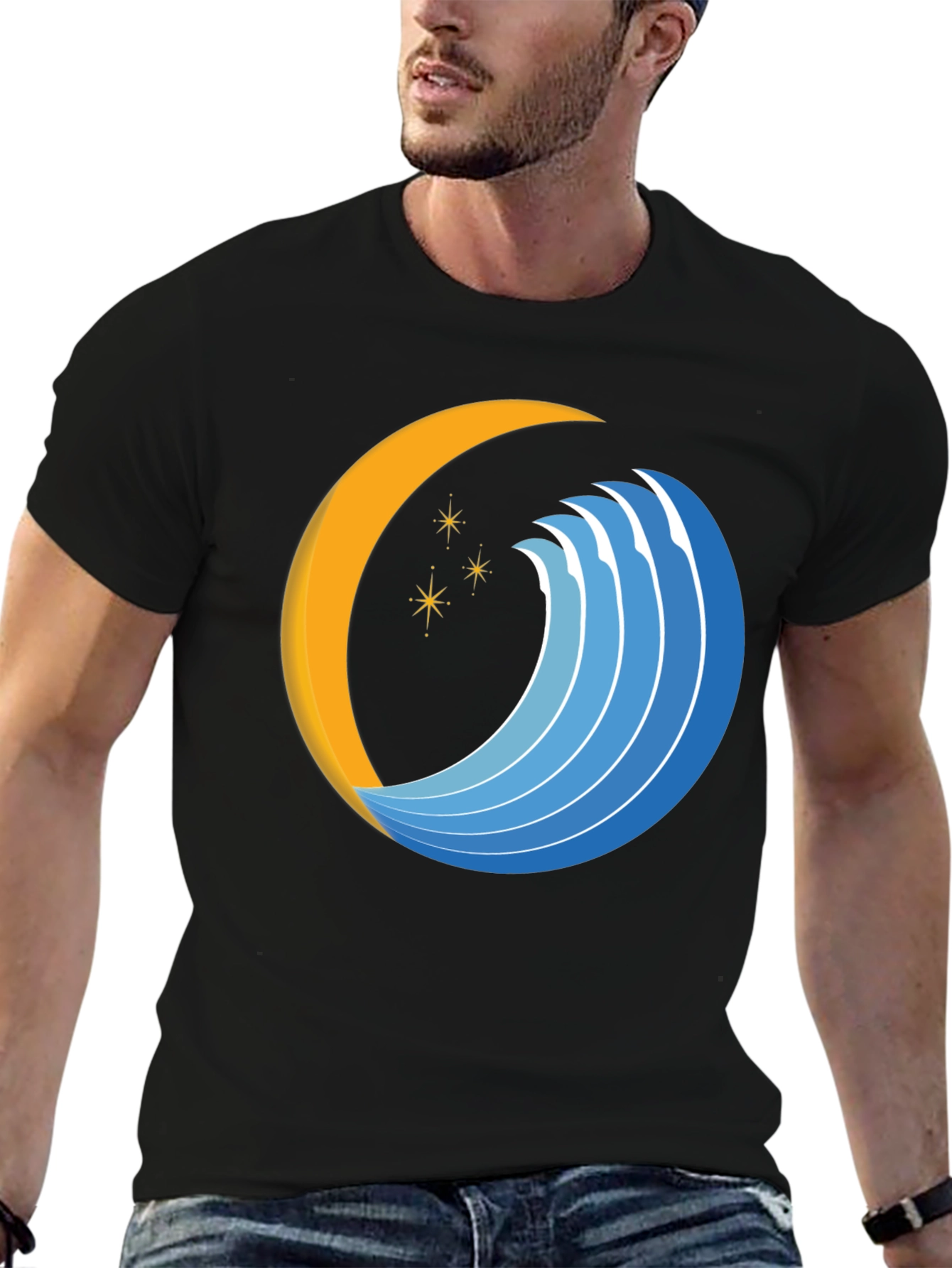 Abstract Crescent Moon Wave Graphic Black T-Shirt