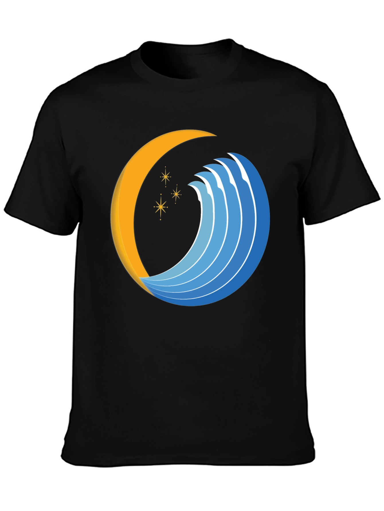 Abstract Crescent Moon Wave Graphic Black T-Shirt