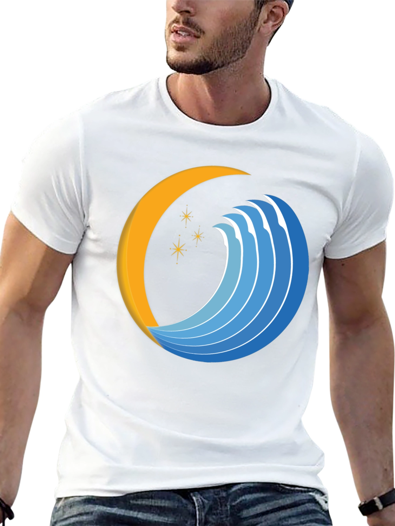 Abstract Crescent Moon Wave Graphic Black T-Shirt