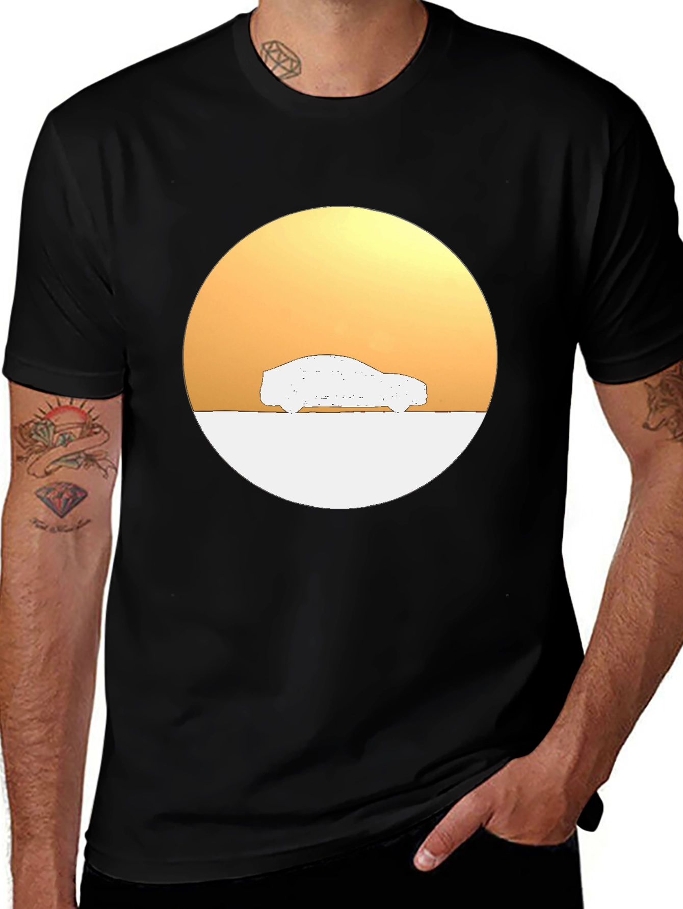 Sunset Car Graphic Tee - Stylish Black Cotton T-Shirt