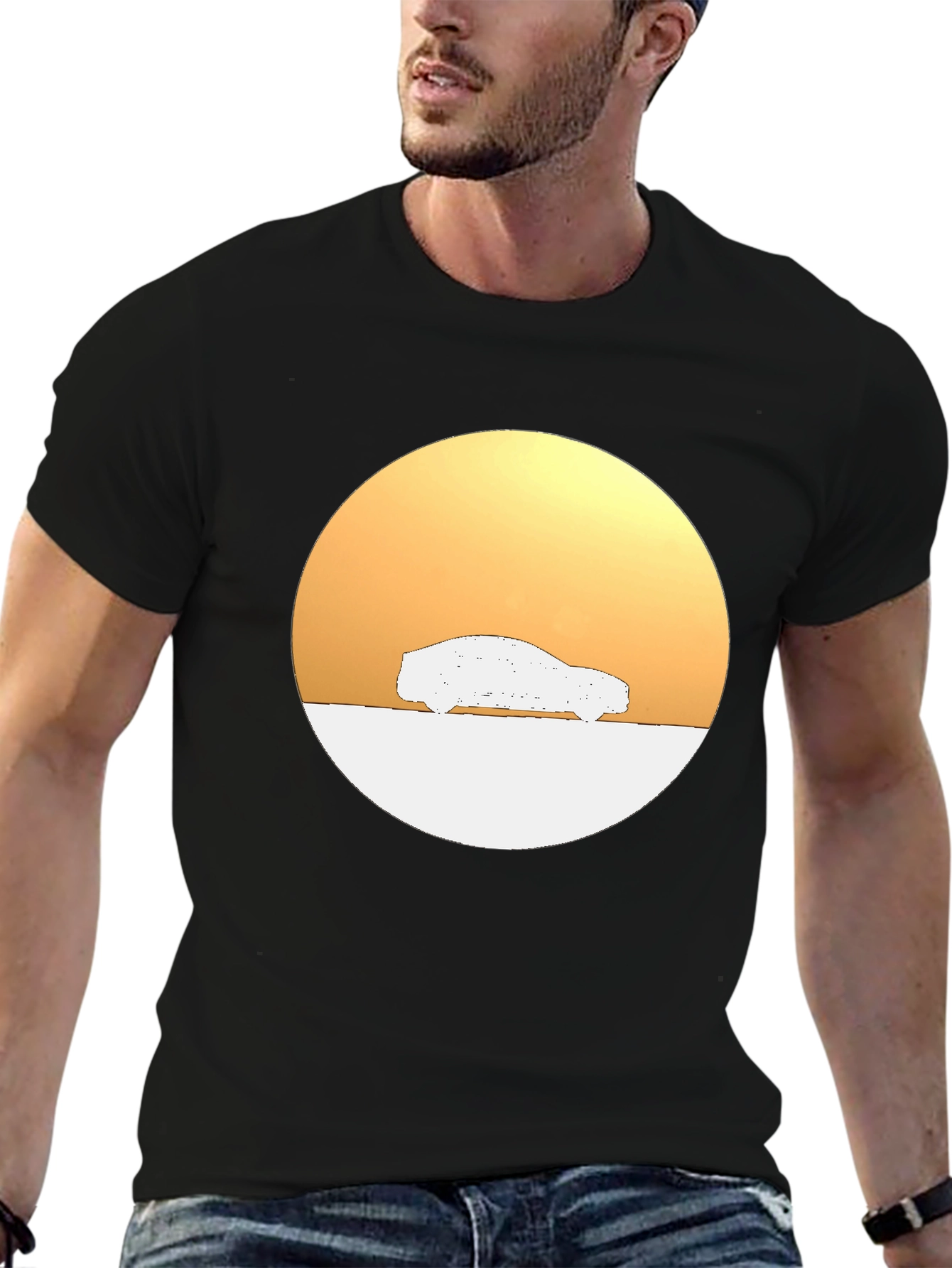 Sunset Car Graphic Tee - Stylish Black Cotton T-Shirt