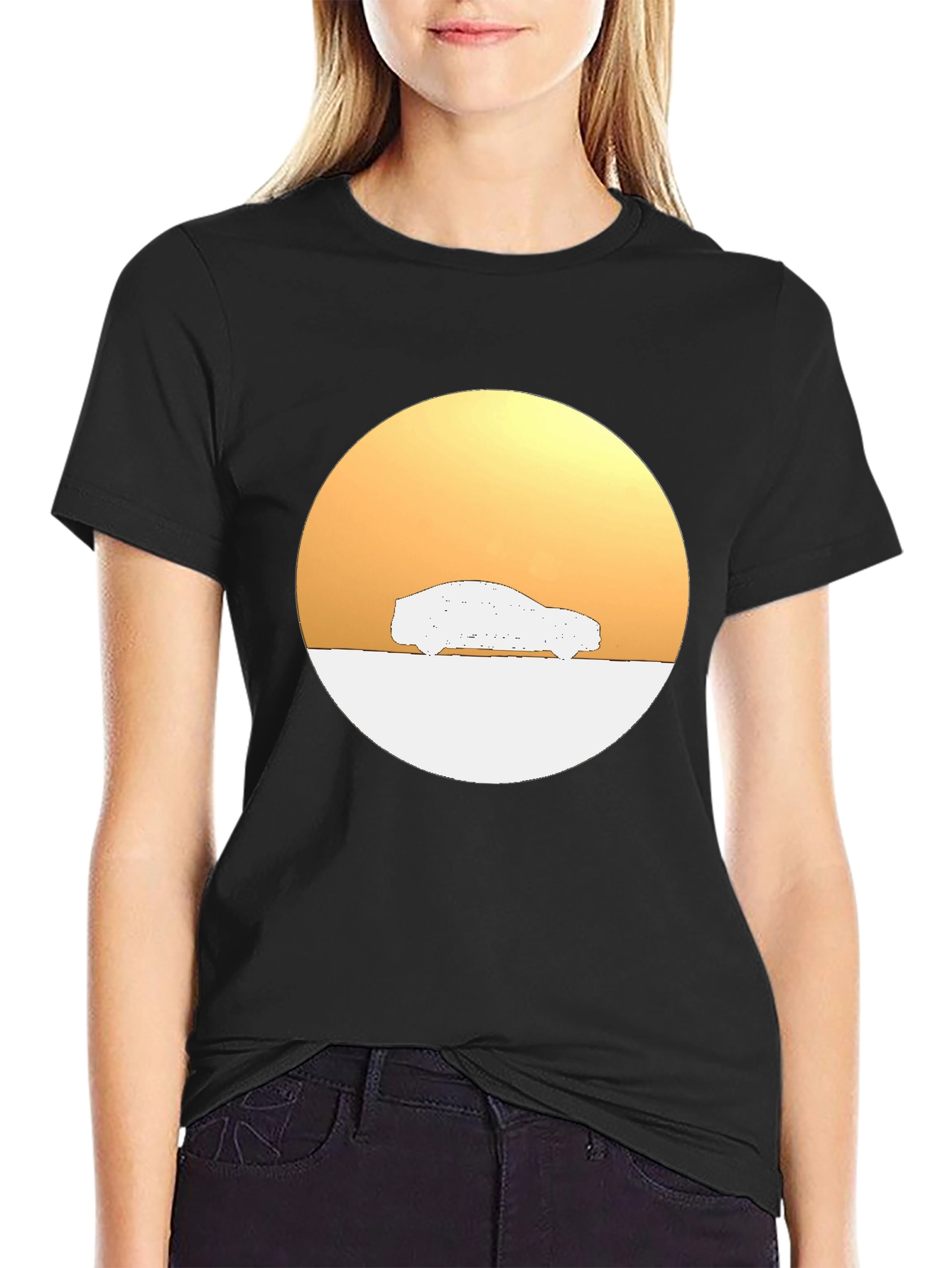 Sunset Car Graphic Tee - Stylish Black Cotton T-Shirt