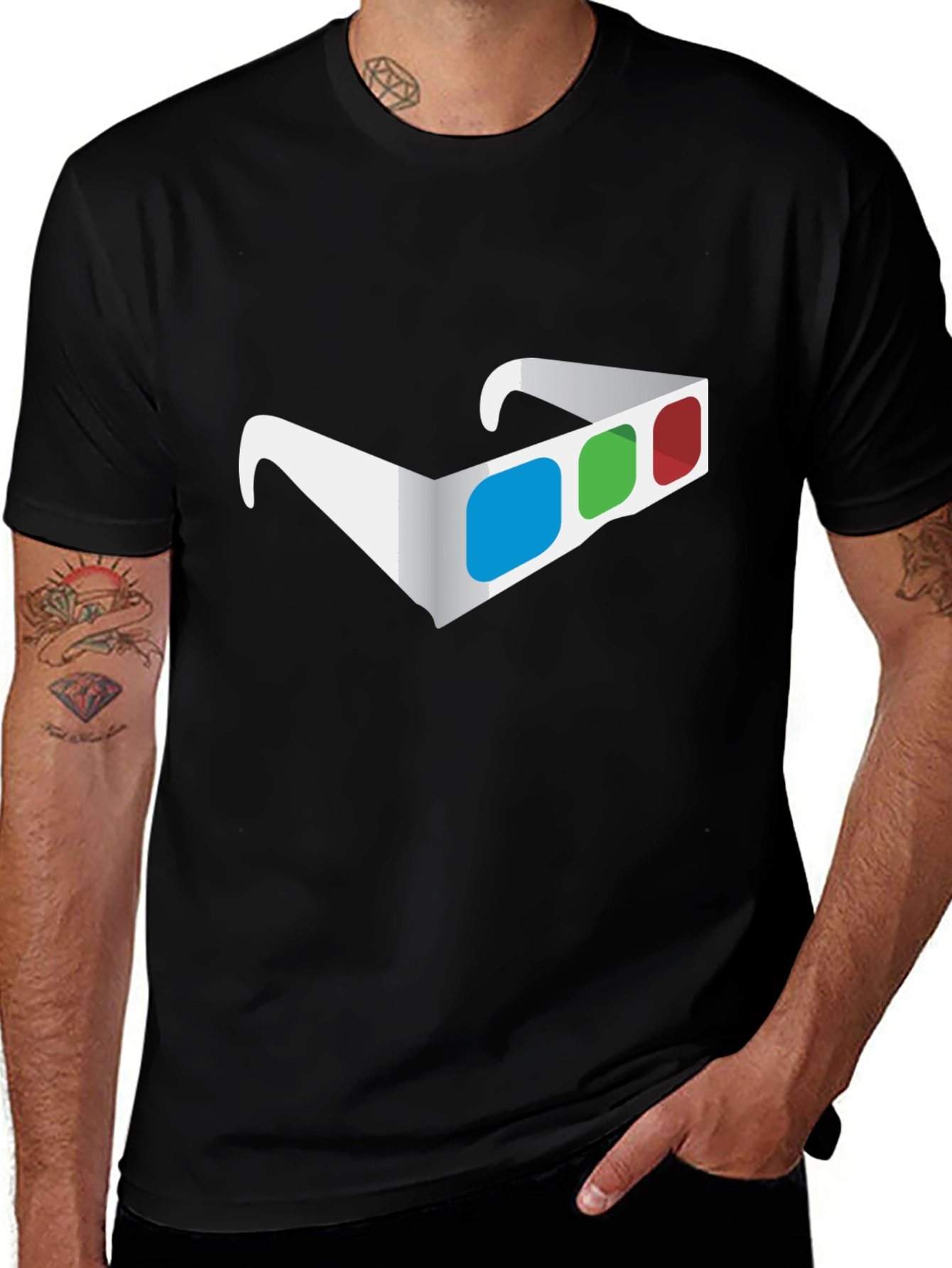 3D Glasses Graphic Tee - Stylish Mens Black T-Shirt