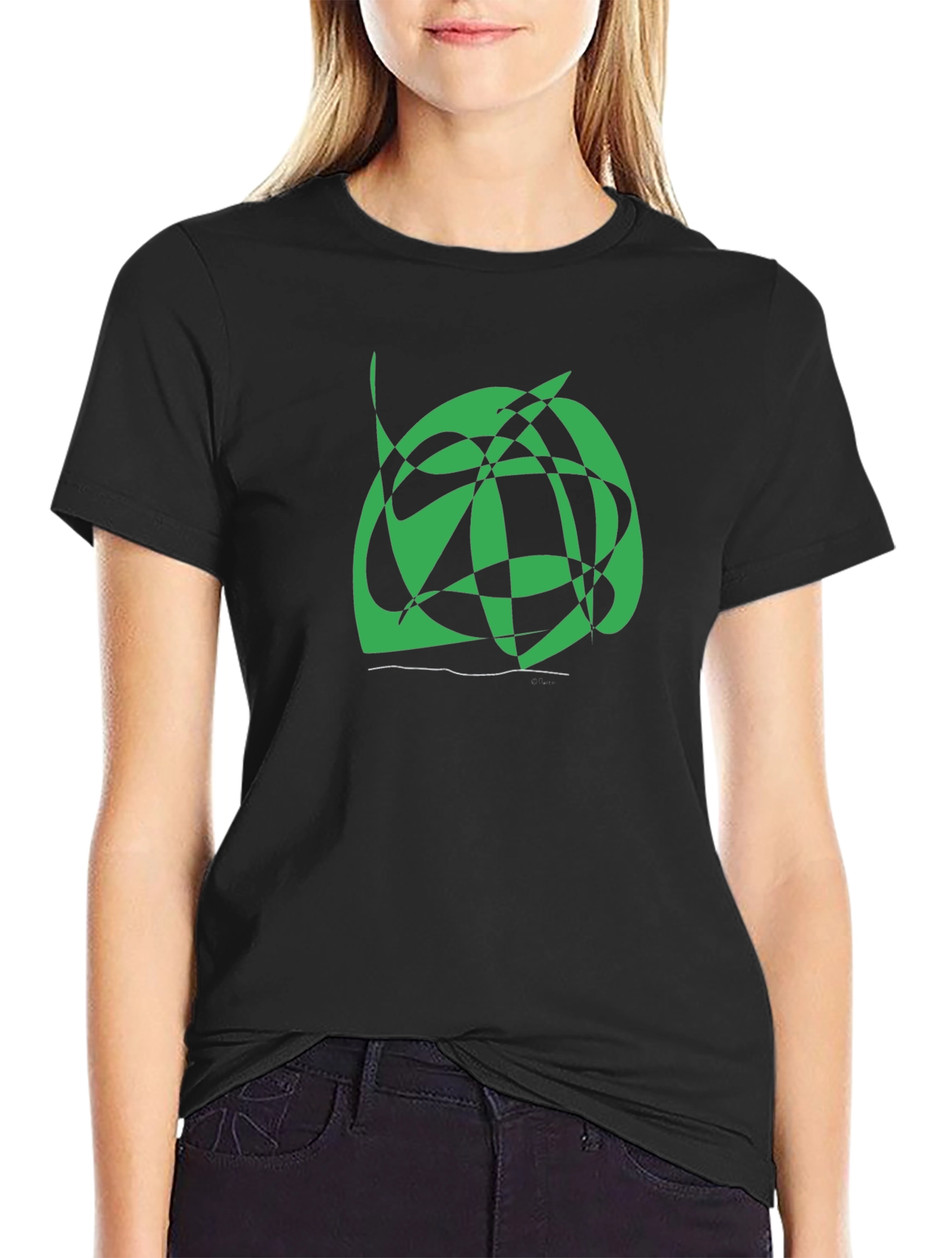 Abstract Green Graphic Print Black Tee