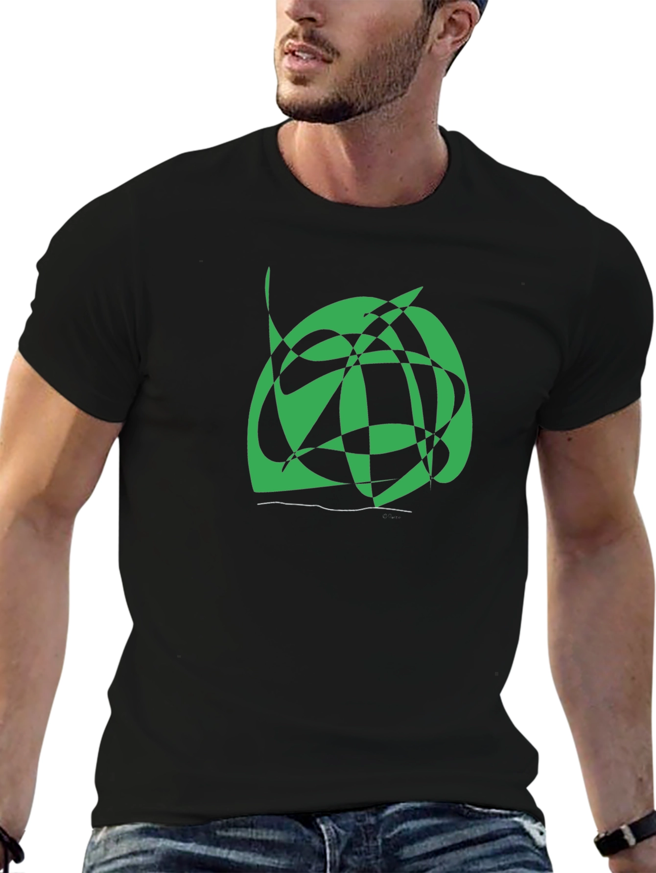 Abstract Green Graphic Print Black Tee