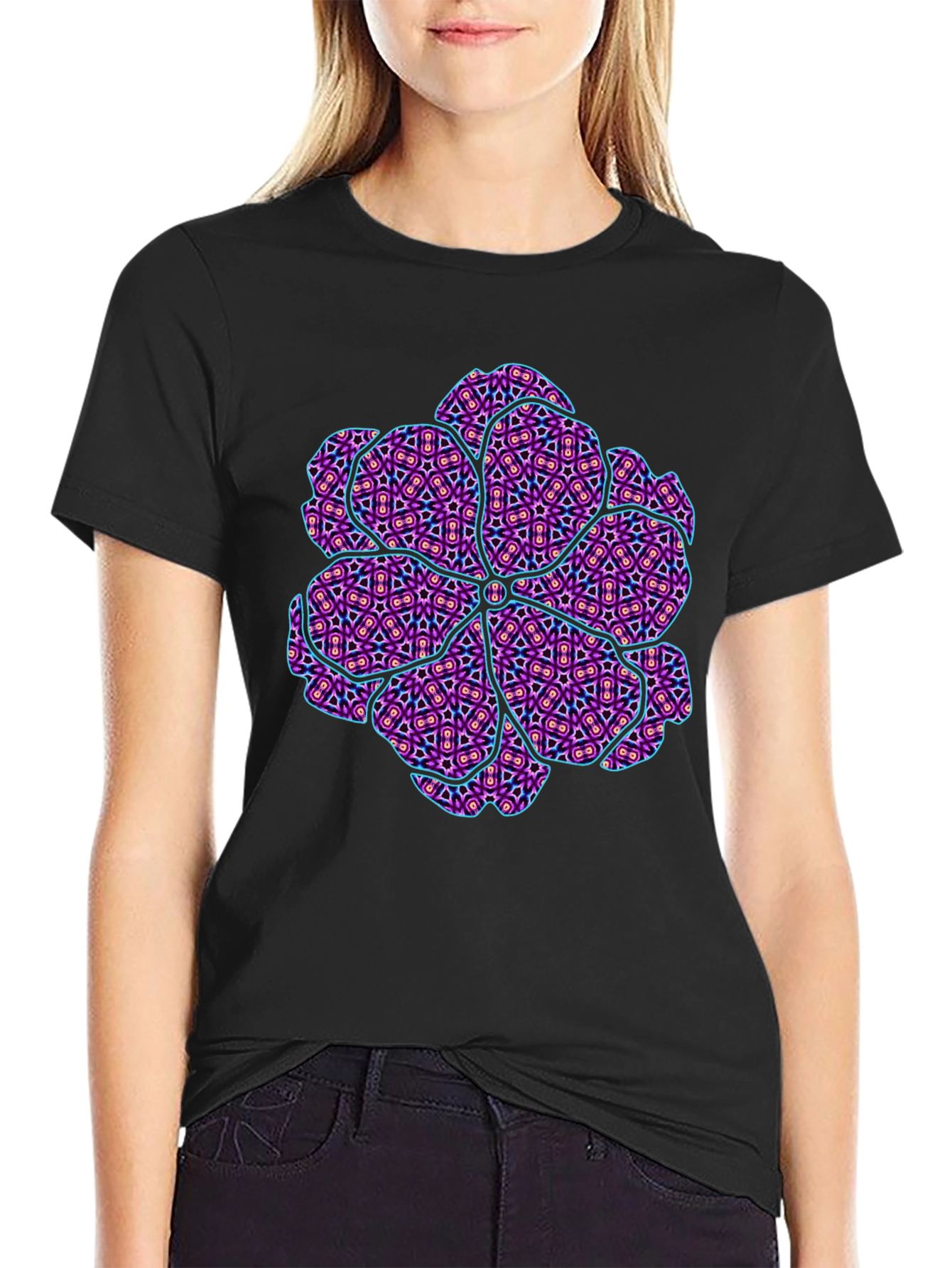 Abstract Geometric Floral Print Mens Black T-Shirt