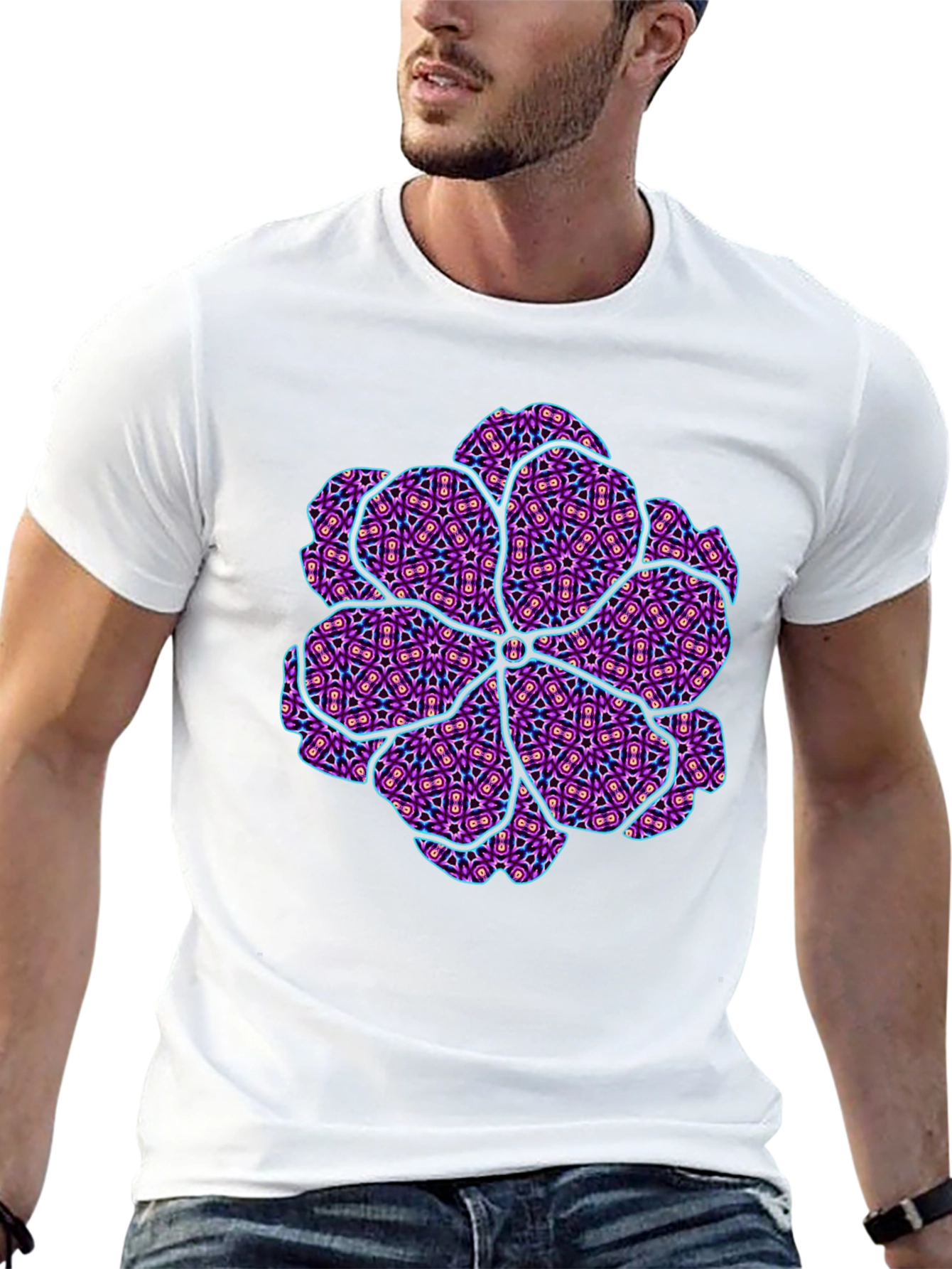 Abstract Geometric Floral Print Mens Black T-Shirt