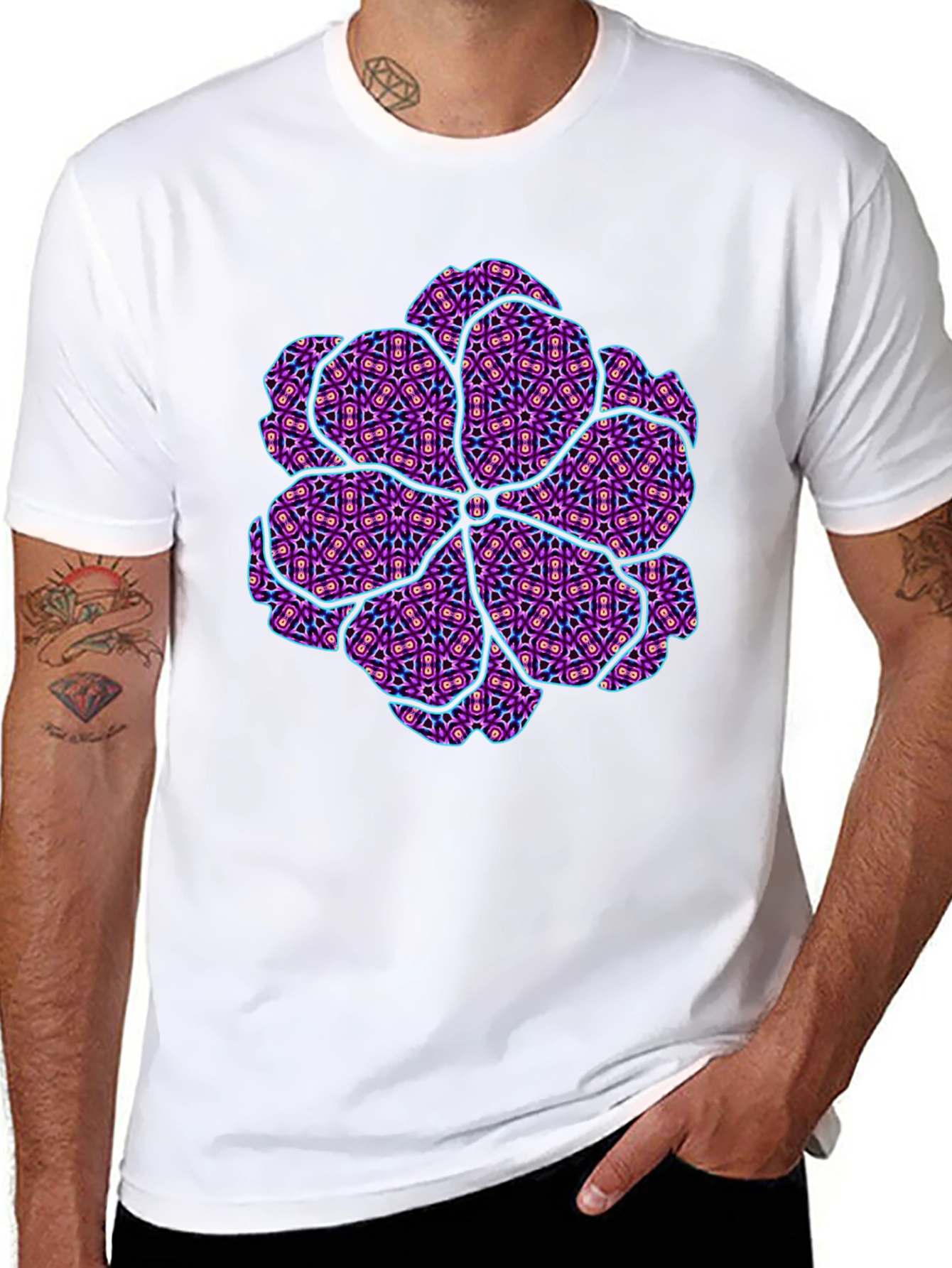 Abstract Geometric Floral Print Mens Black T-Shirt