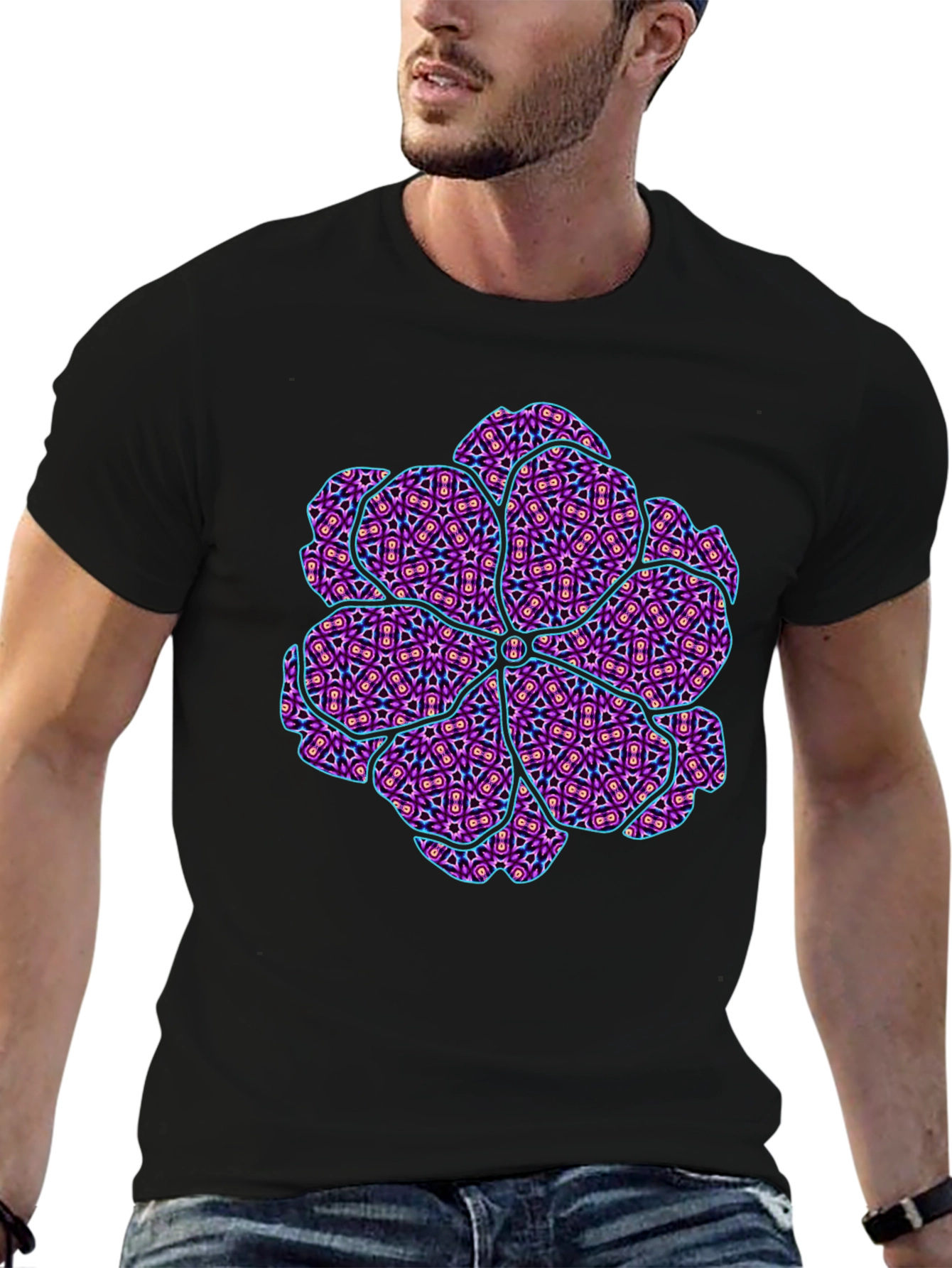Abstract Geometric Floral Print Mens Black T-Shirt