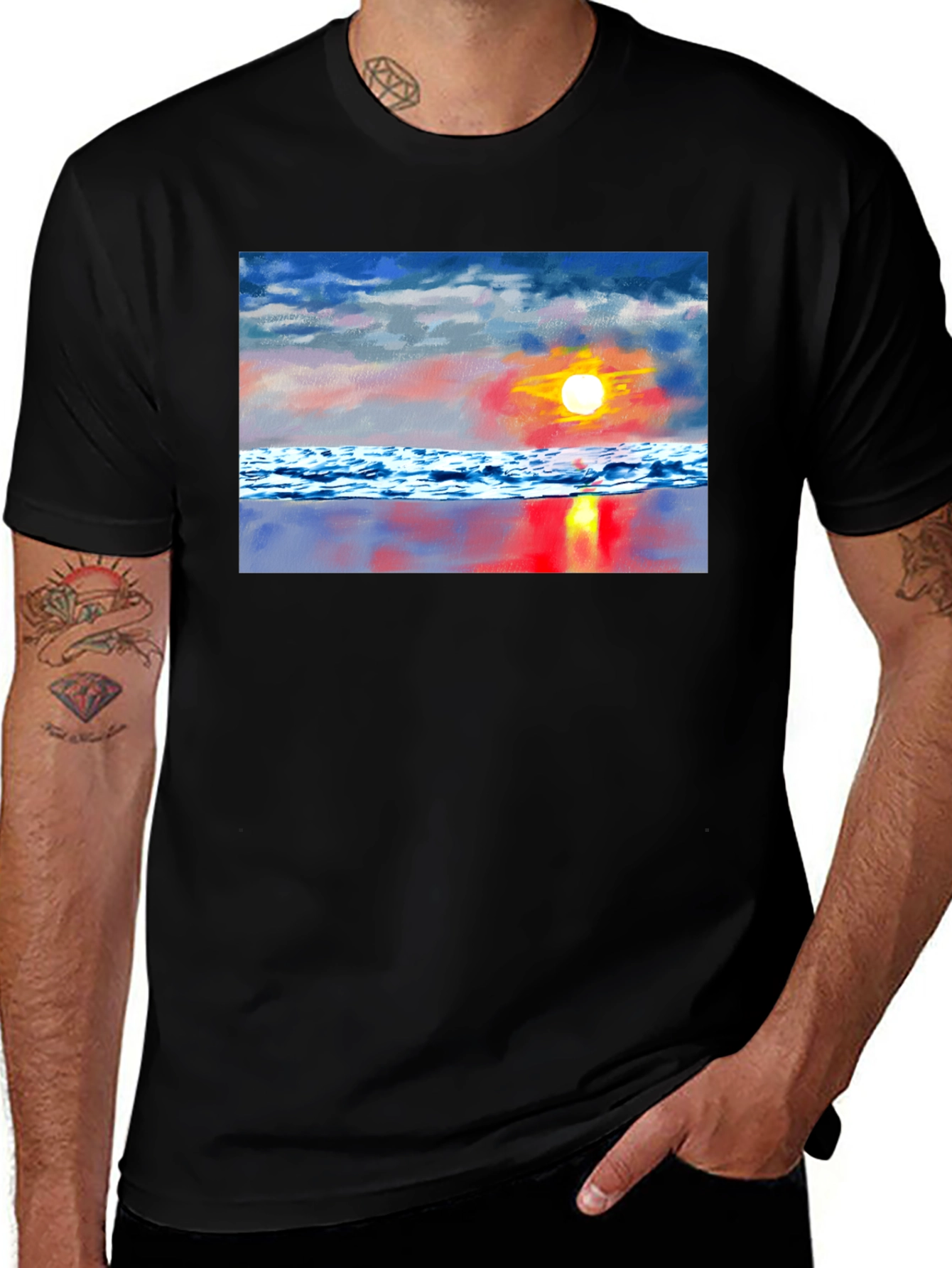 Sunset Beach Graphic Tee - Black Cotton T-Shirt