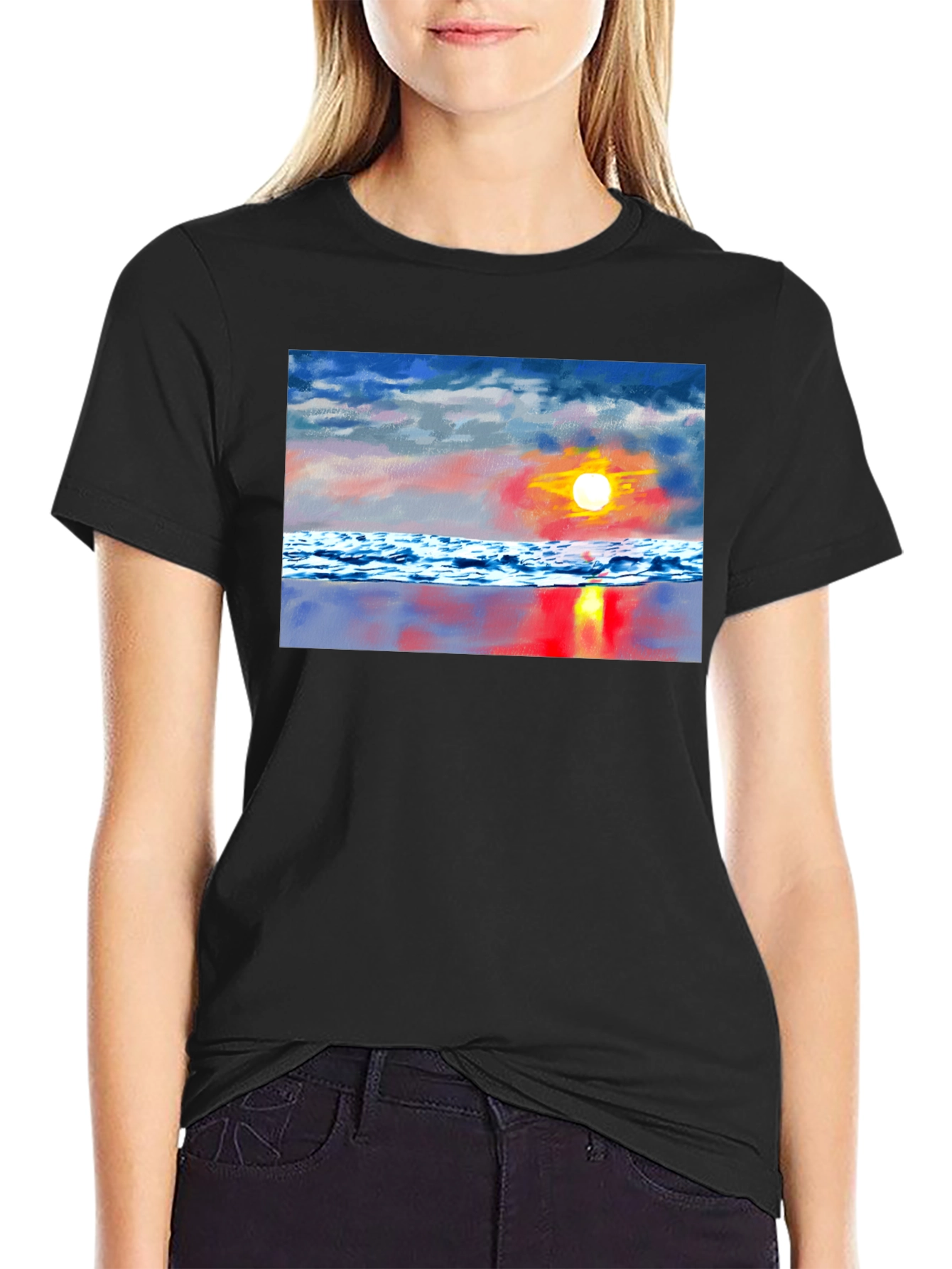 Sunset Beach Graphic Tee - Black Cotton T-Shirt