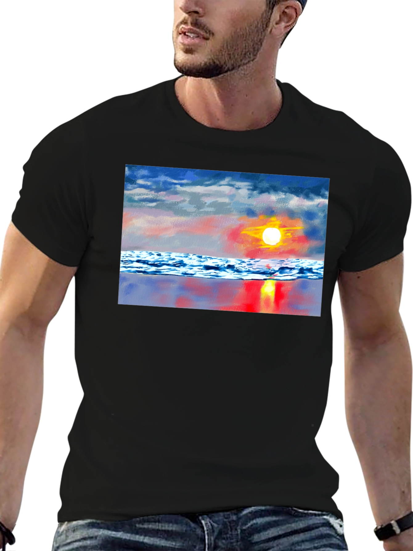 Sunset Beach Graphic Tee - Black Cotton T-Shirt
