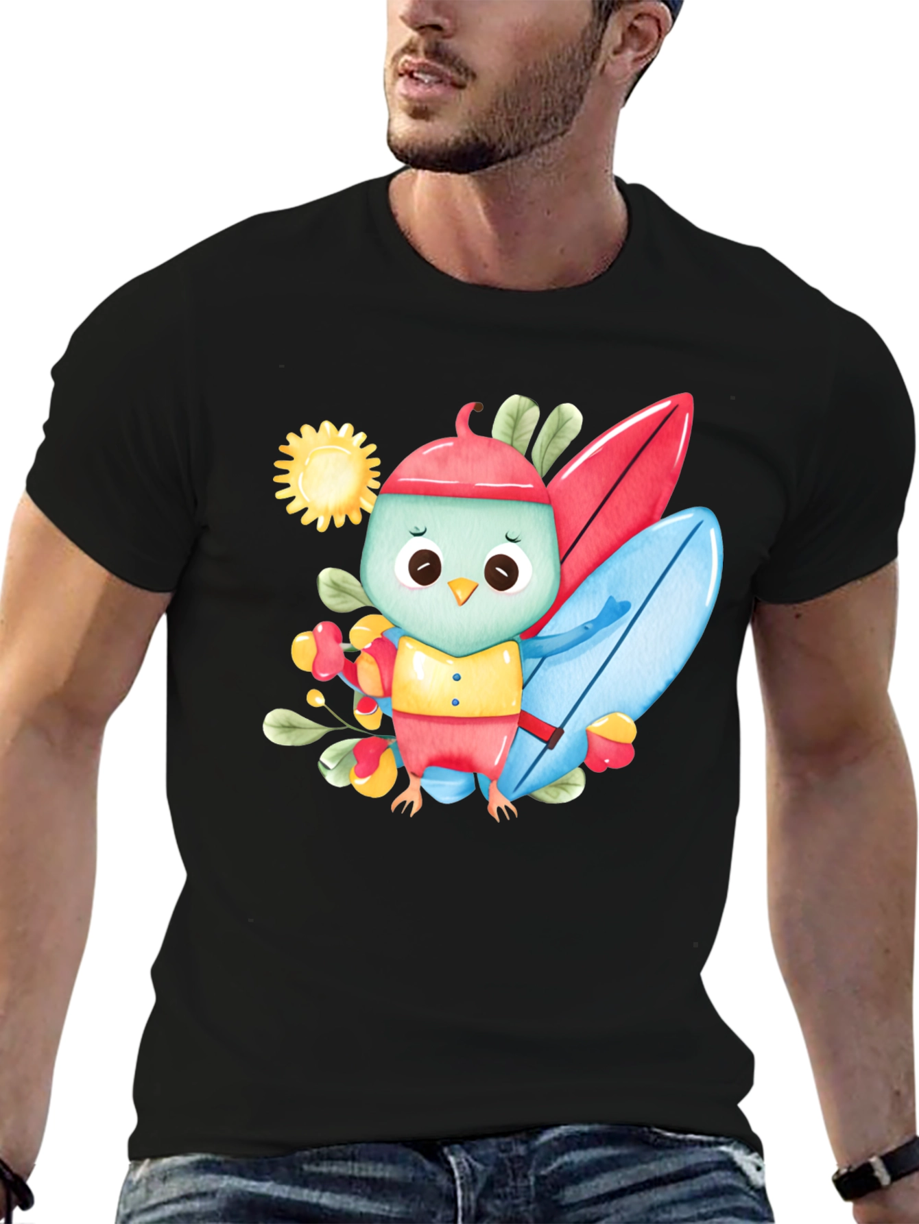 Surfing Bird Black T-Shirt