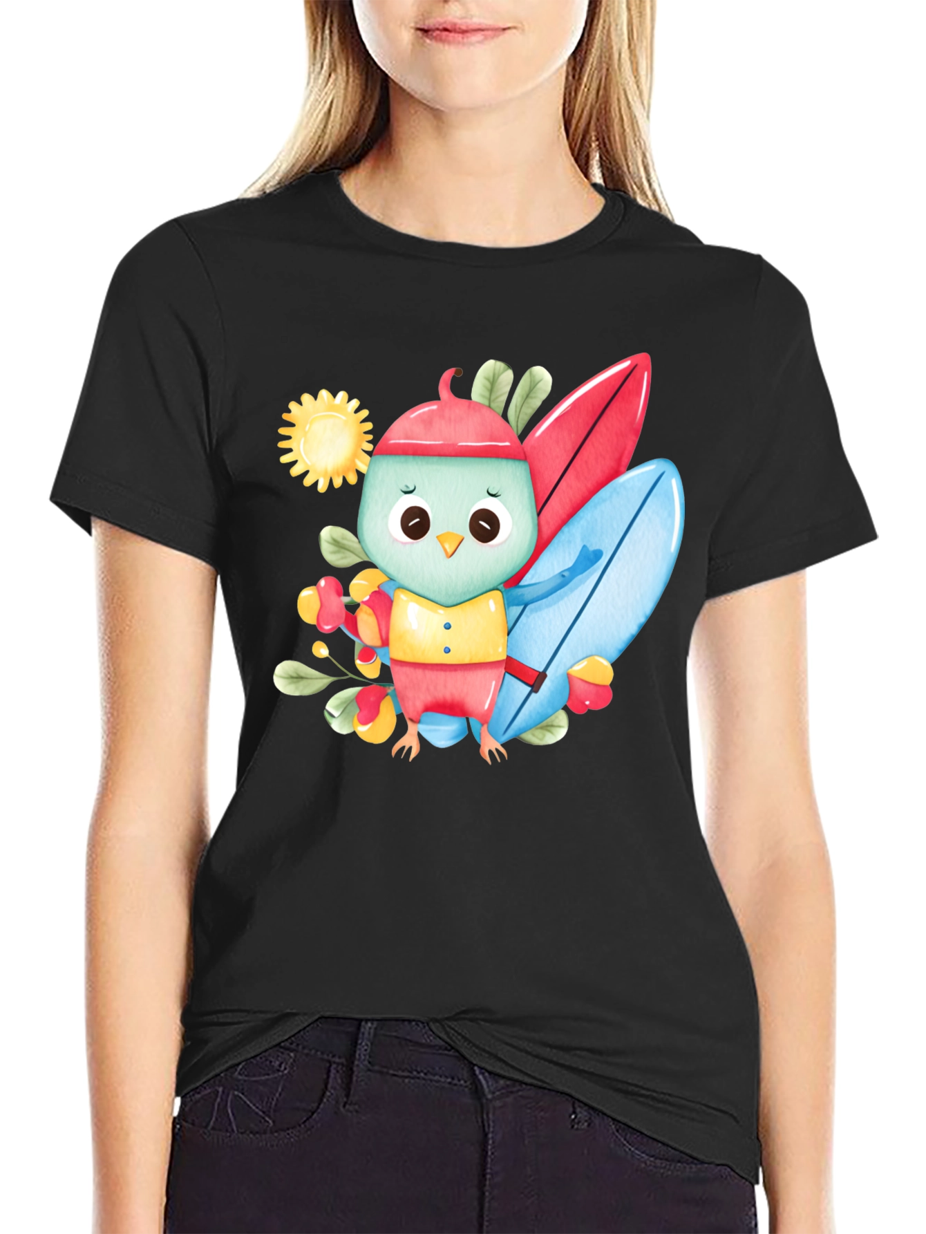 Surfing Bird Black T-Shirt